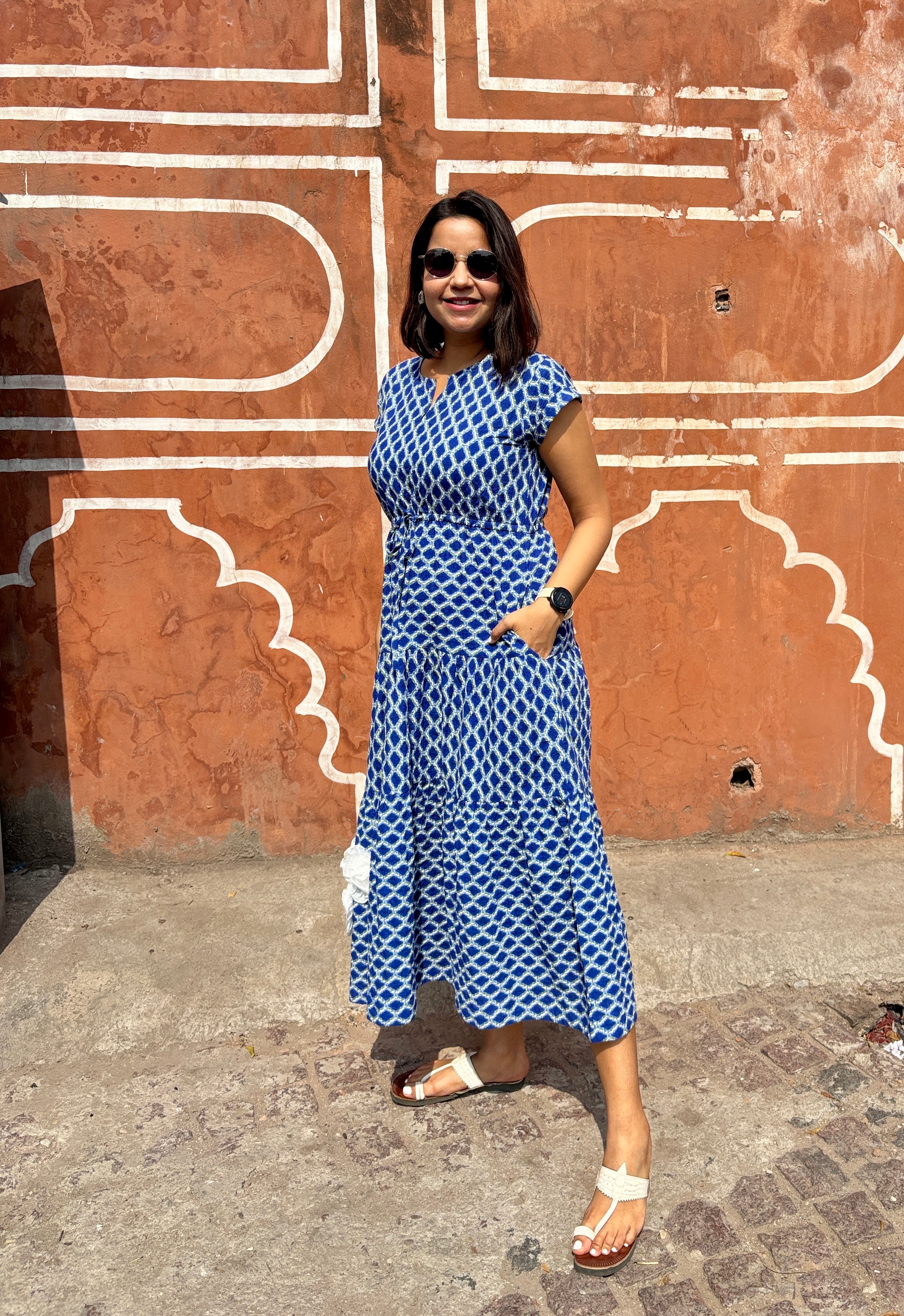Blue Printed Cotton Tier Appliqué Dress