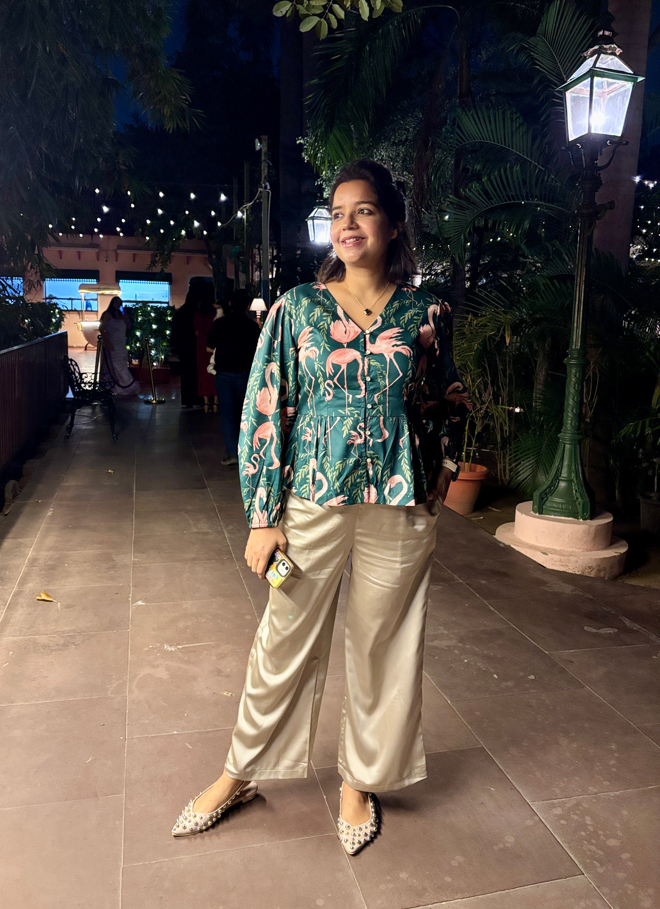 Emerald Flamingo Print Button-Down Top