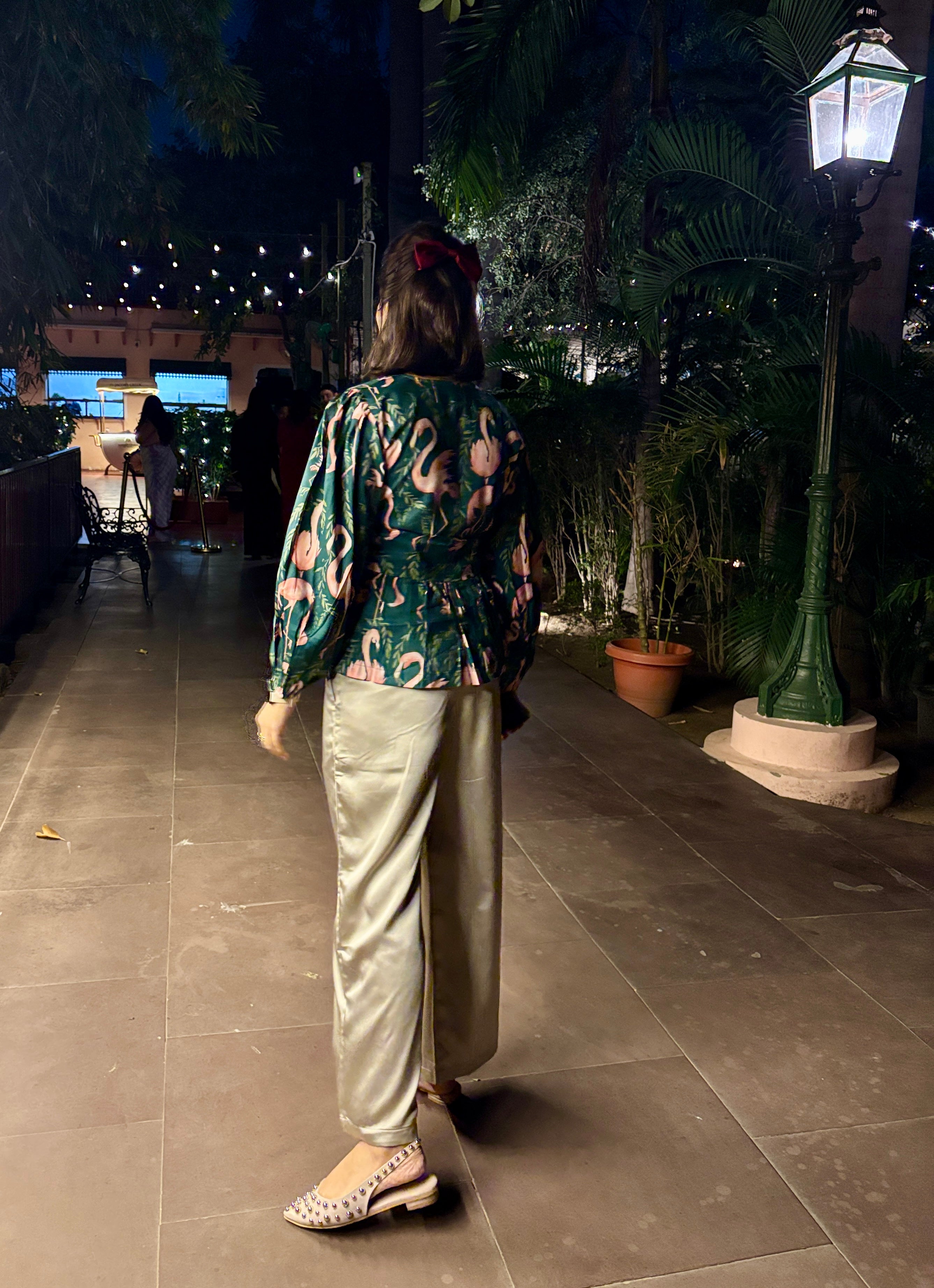 Emerald Flamingo Print Button-Down Top