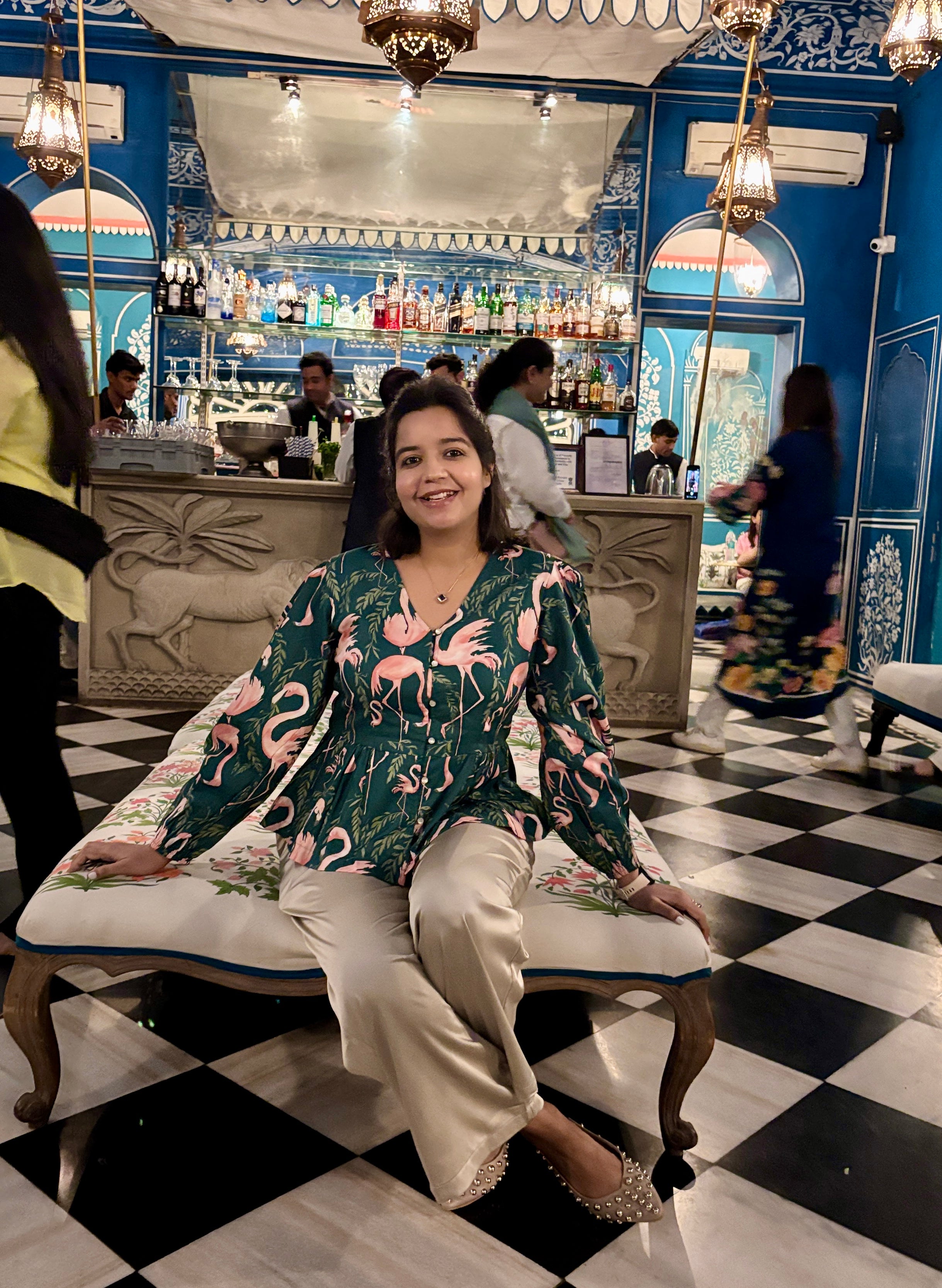 Emerald Flamingo Print Button-Down Top