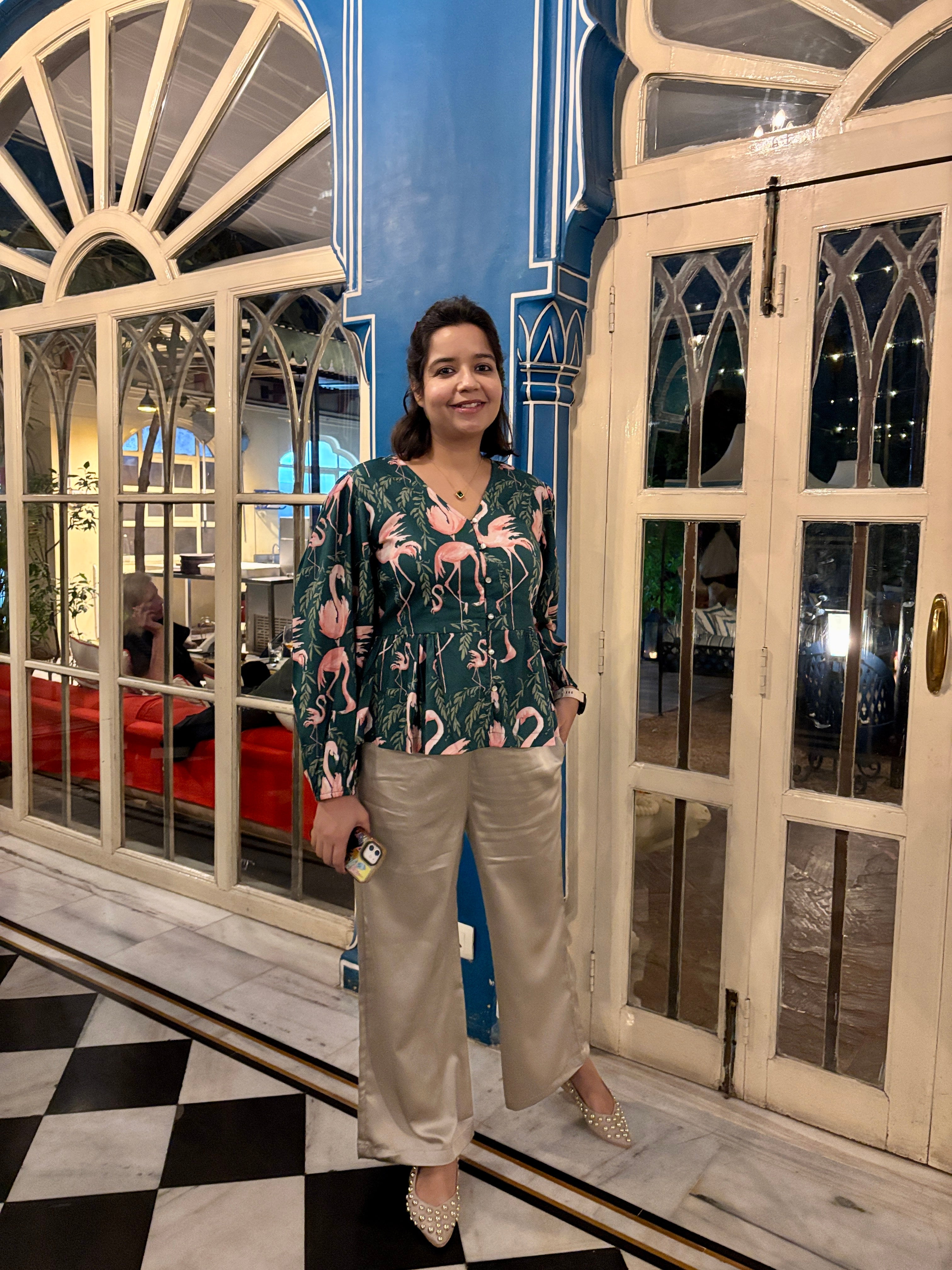 Emerald Flamingo Print Button-Down Top