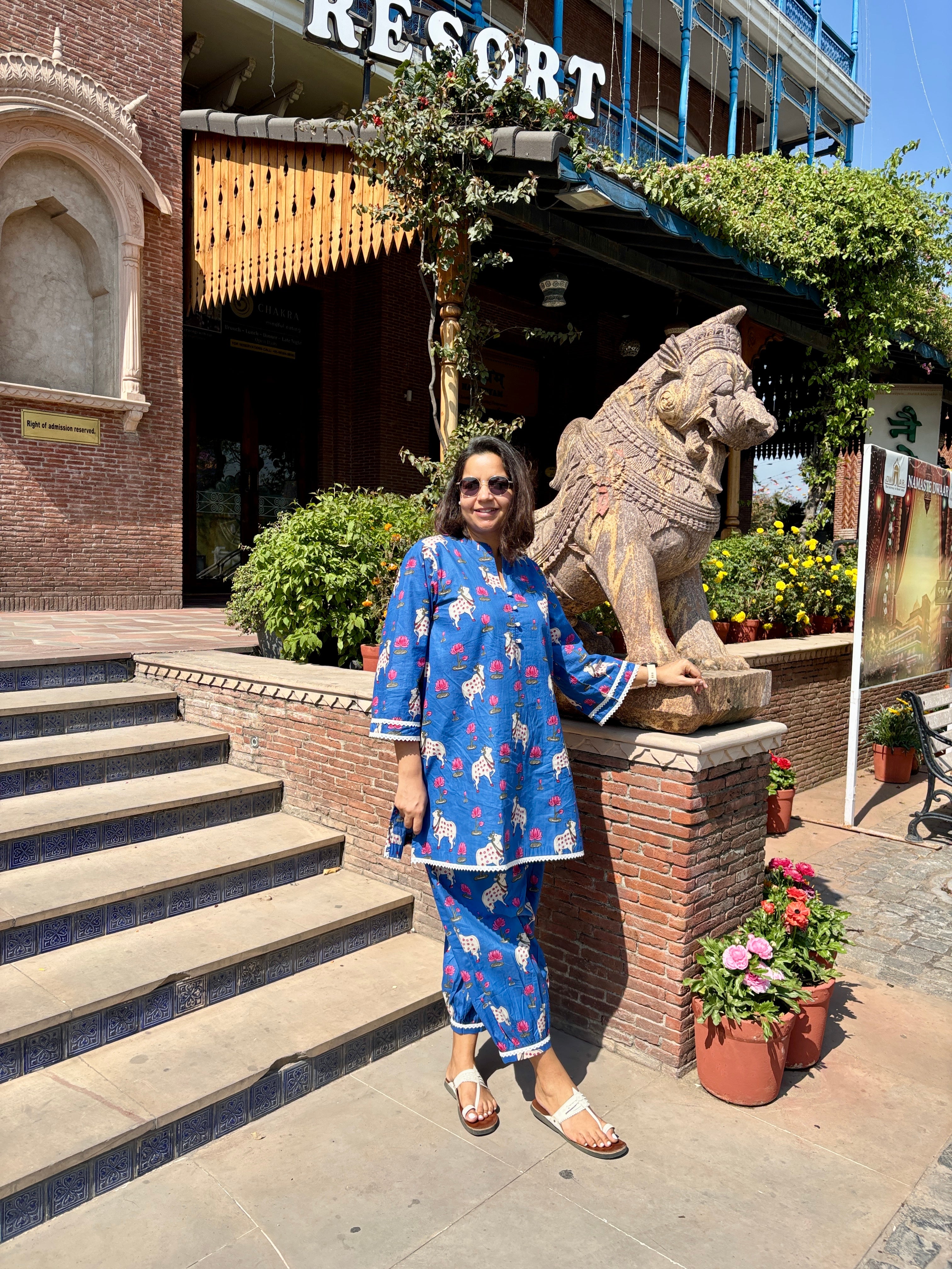 Blue Printed Pure Cotton Kurta Set