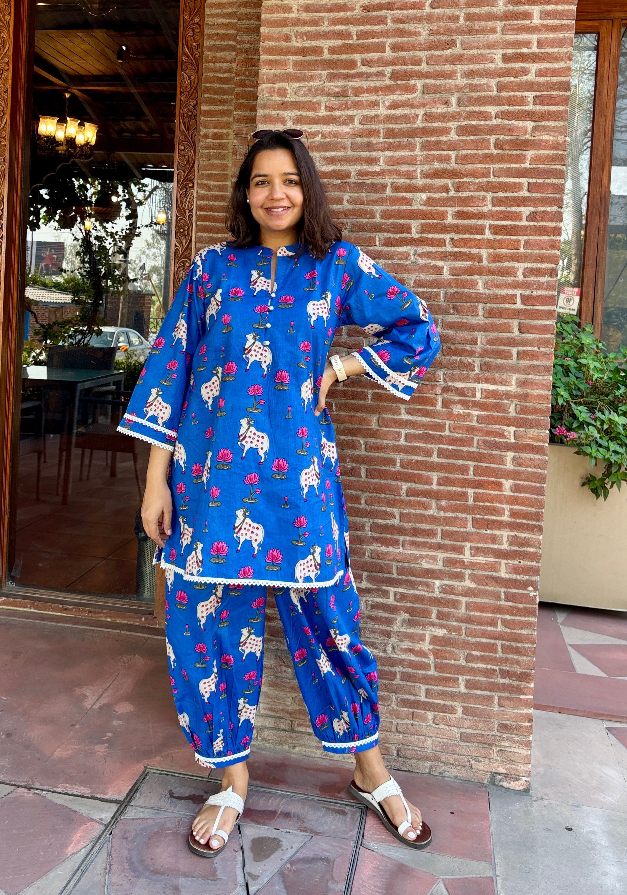 Blue Printed Pure Cotton Kurta Set