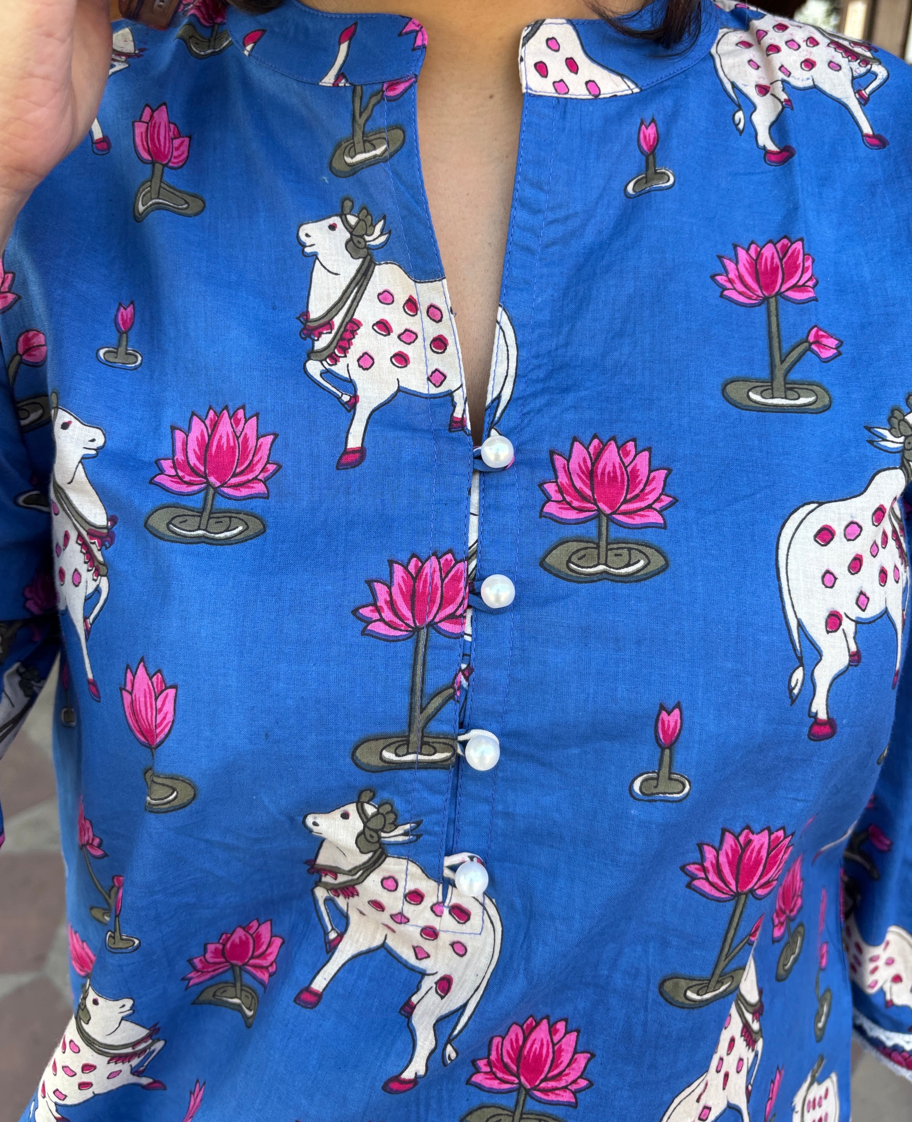 Blue Printed Pure Cotton Kurta Set