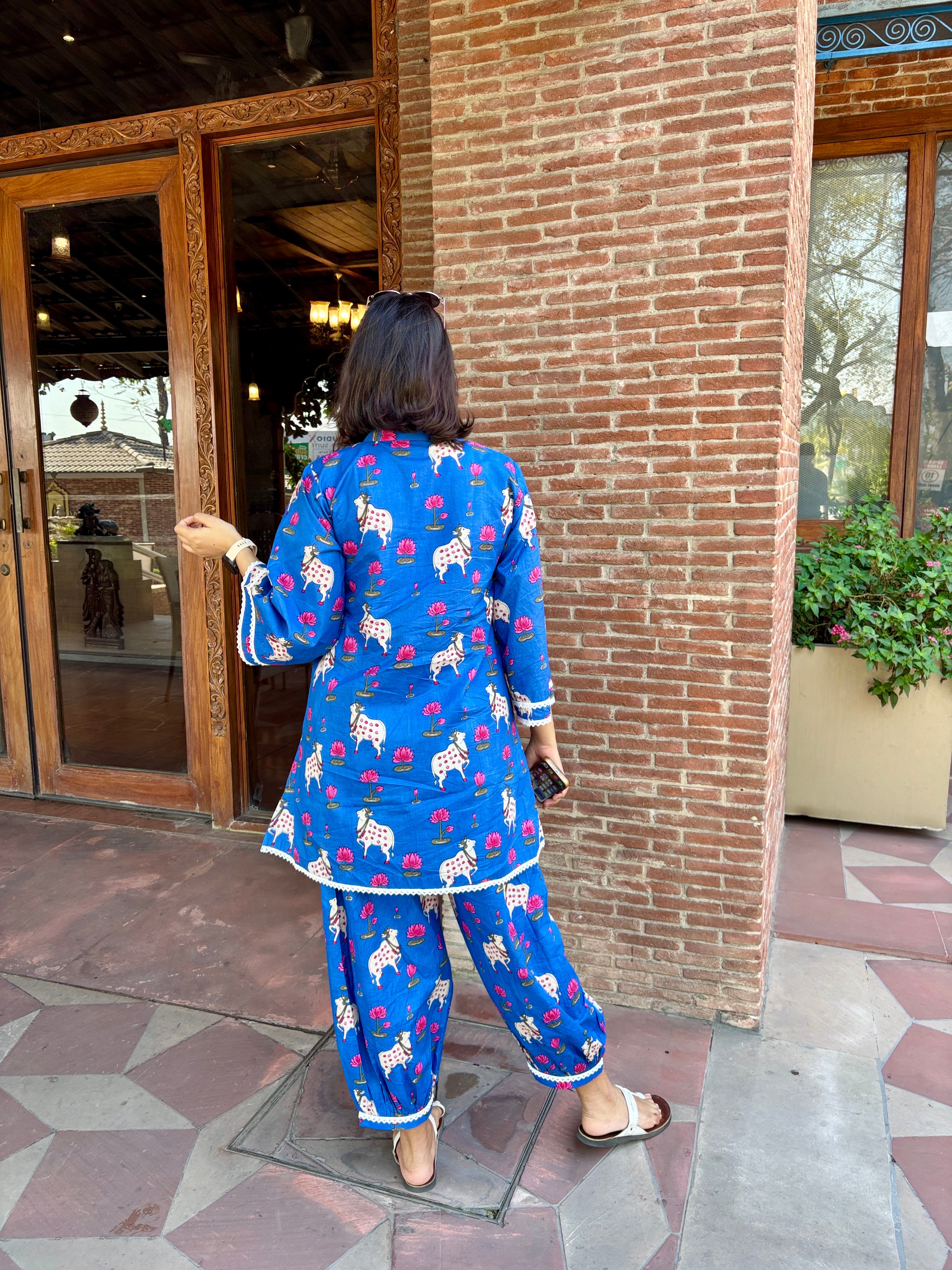 Blue Printed Pure Cotton Kurta Set