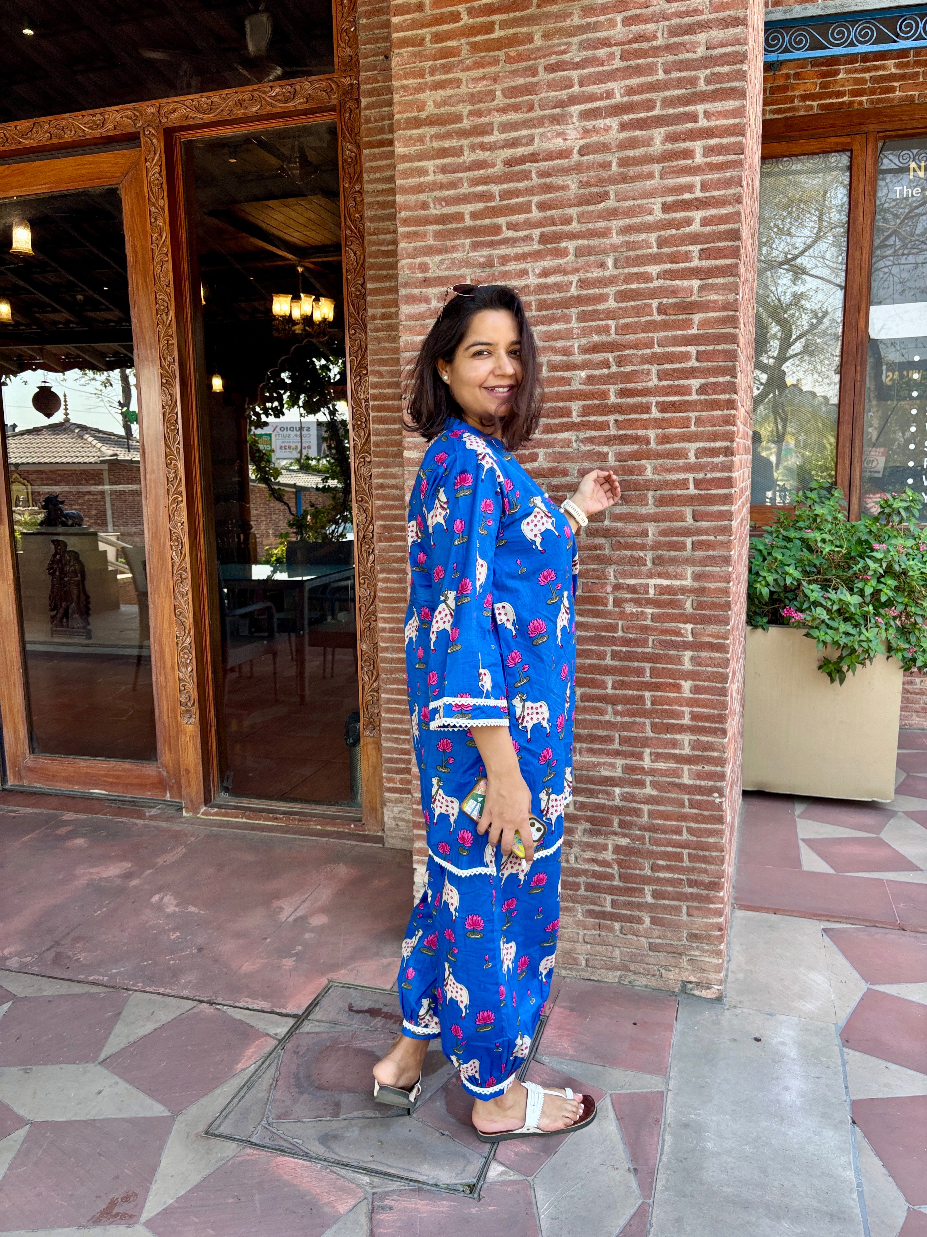 Blue Printed Pure Cotton Kurta Set