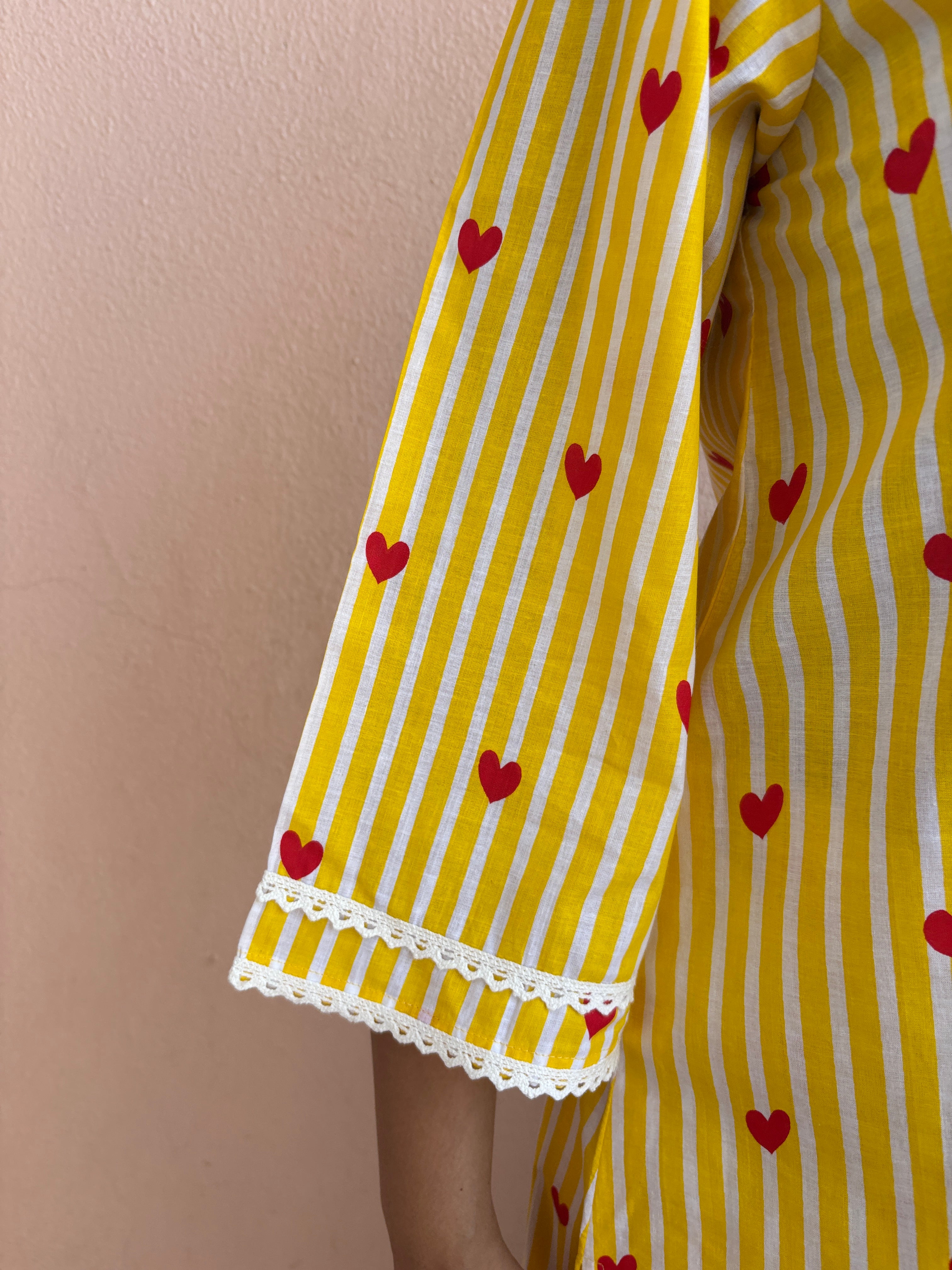 Yellow Striped Heart Printed Pure Cotton Kurta Set