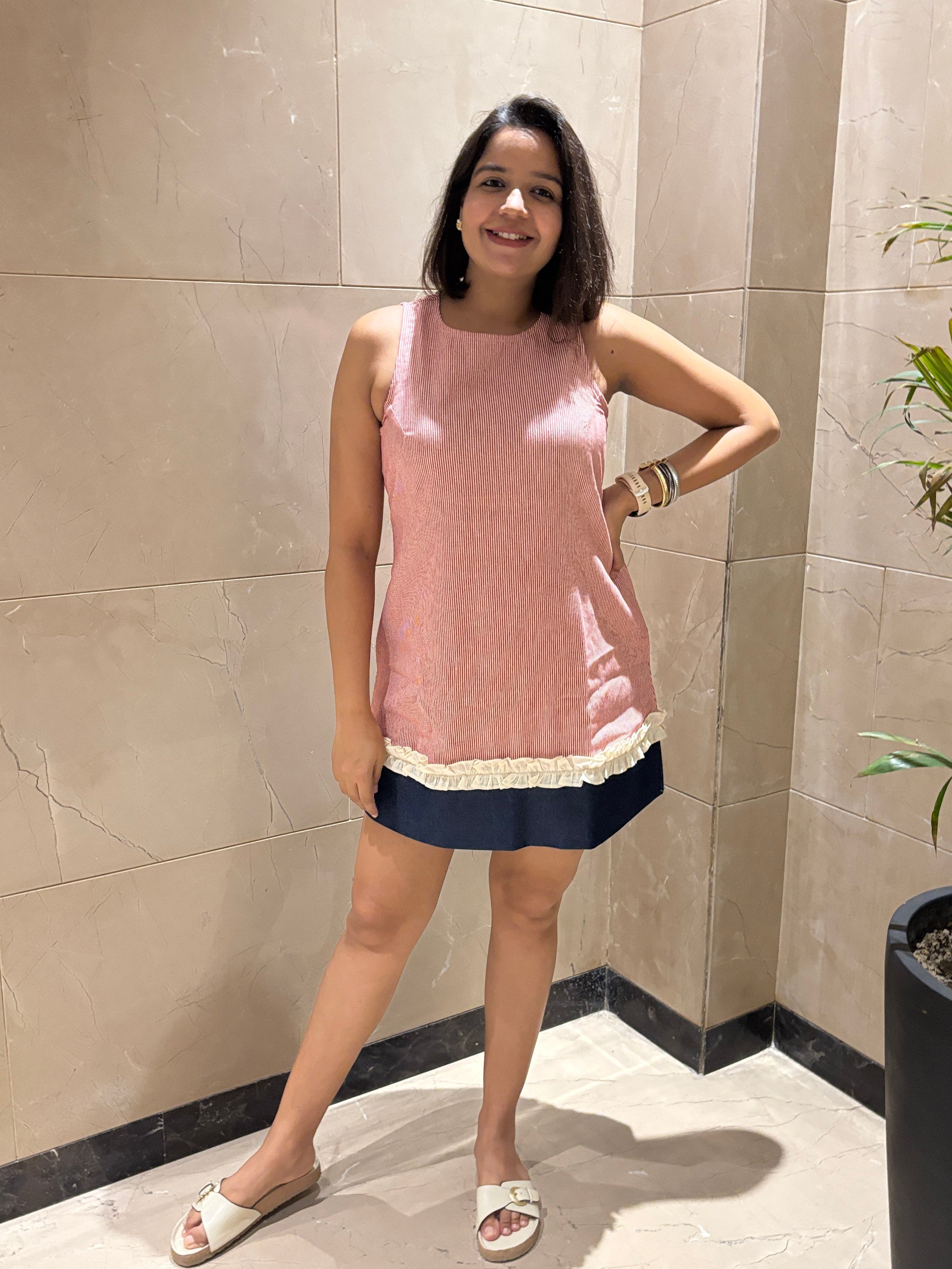 Rosy Stripe Cotton Frill Pocket Mini Dress