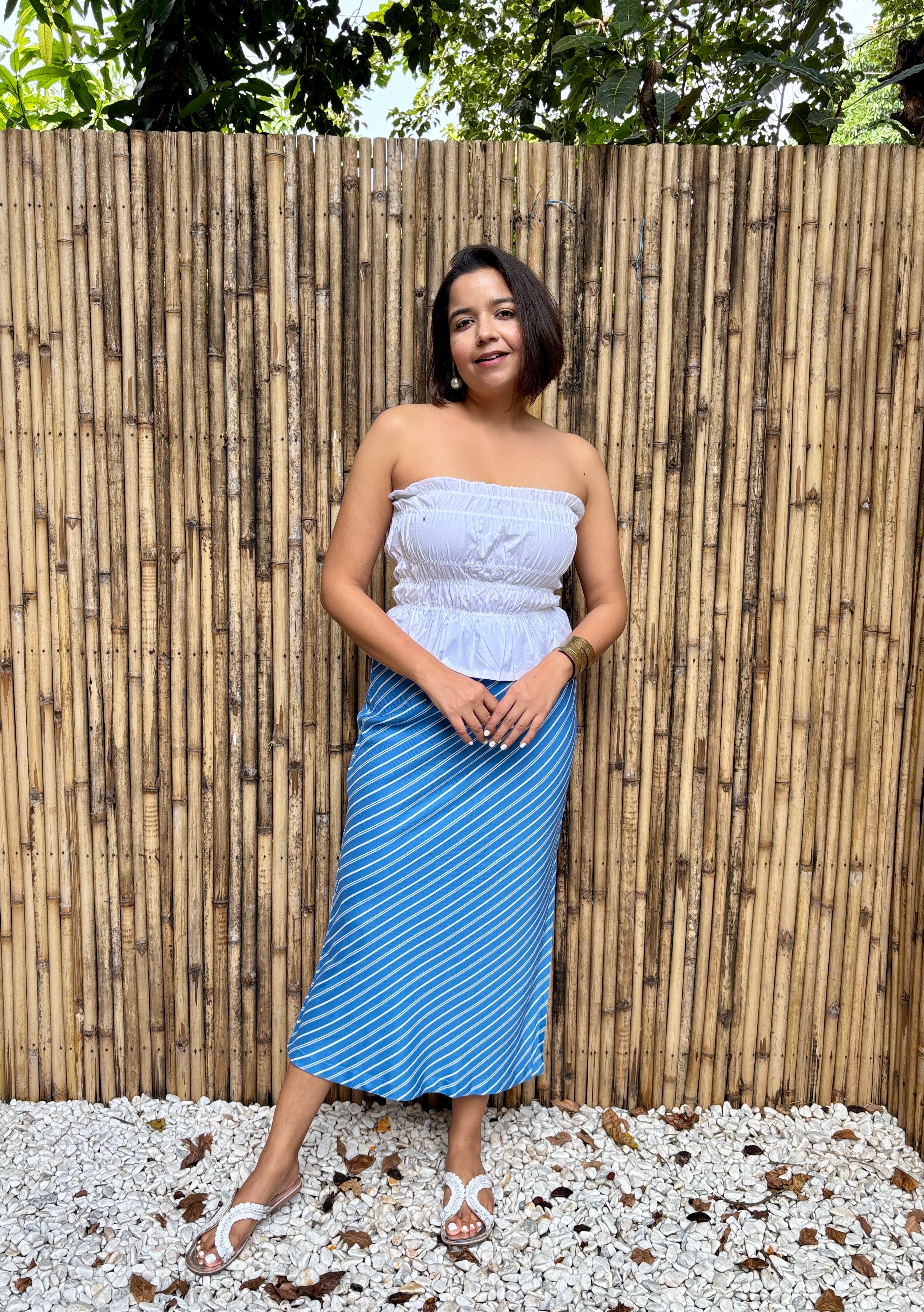 Blue Diagonal Stripe Midi Skirt