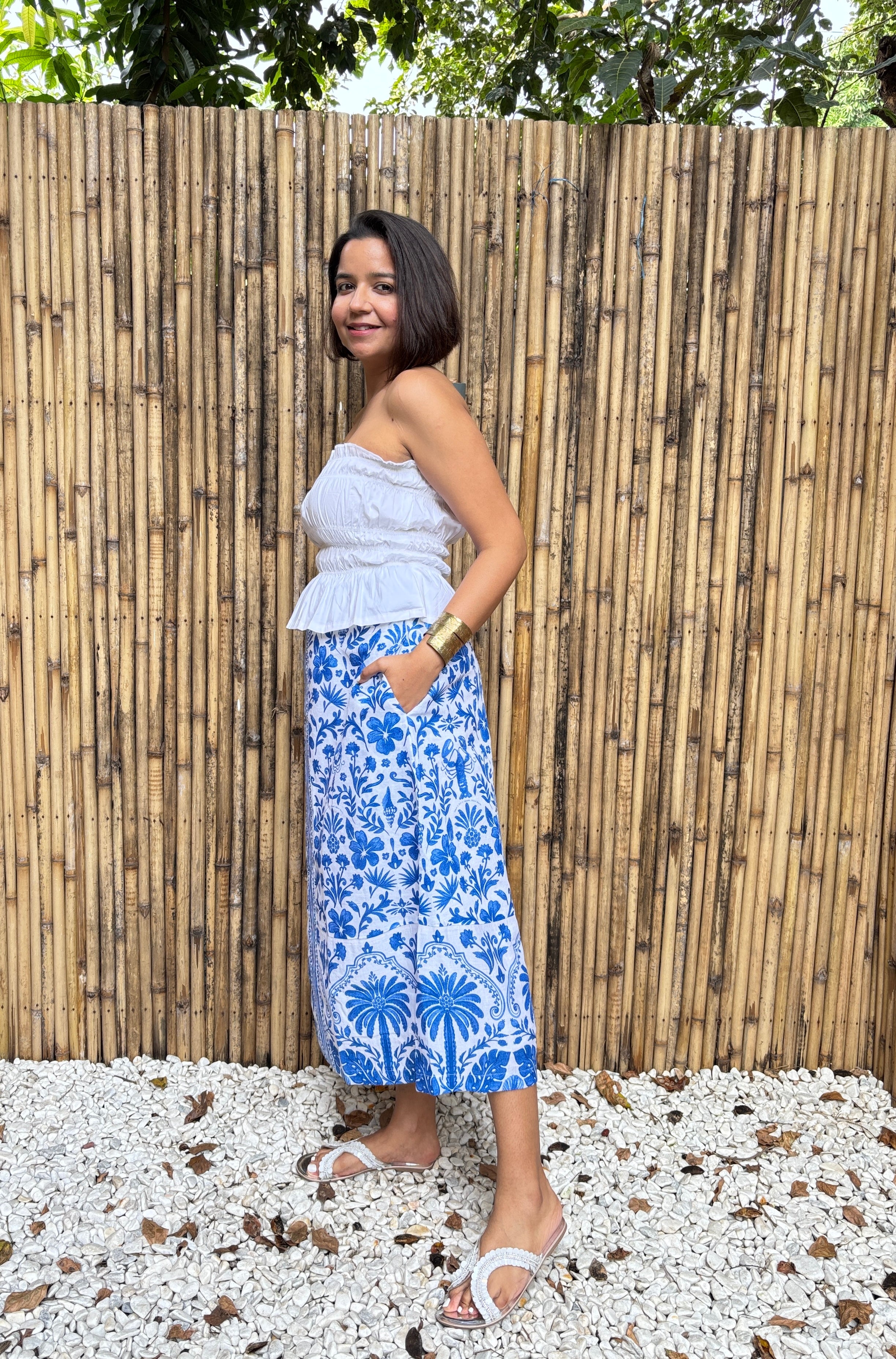 Blue Tile Print Cotton Linen Midi Skirt with Pockets