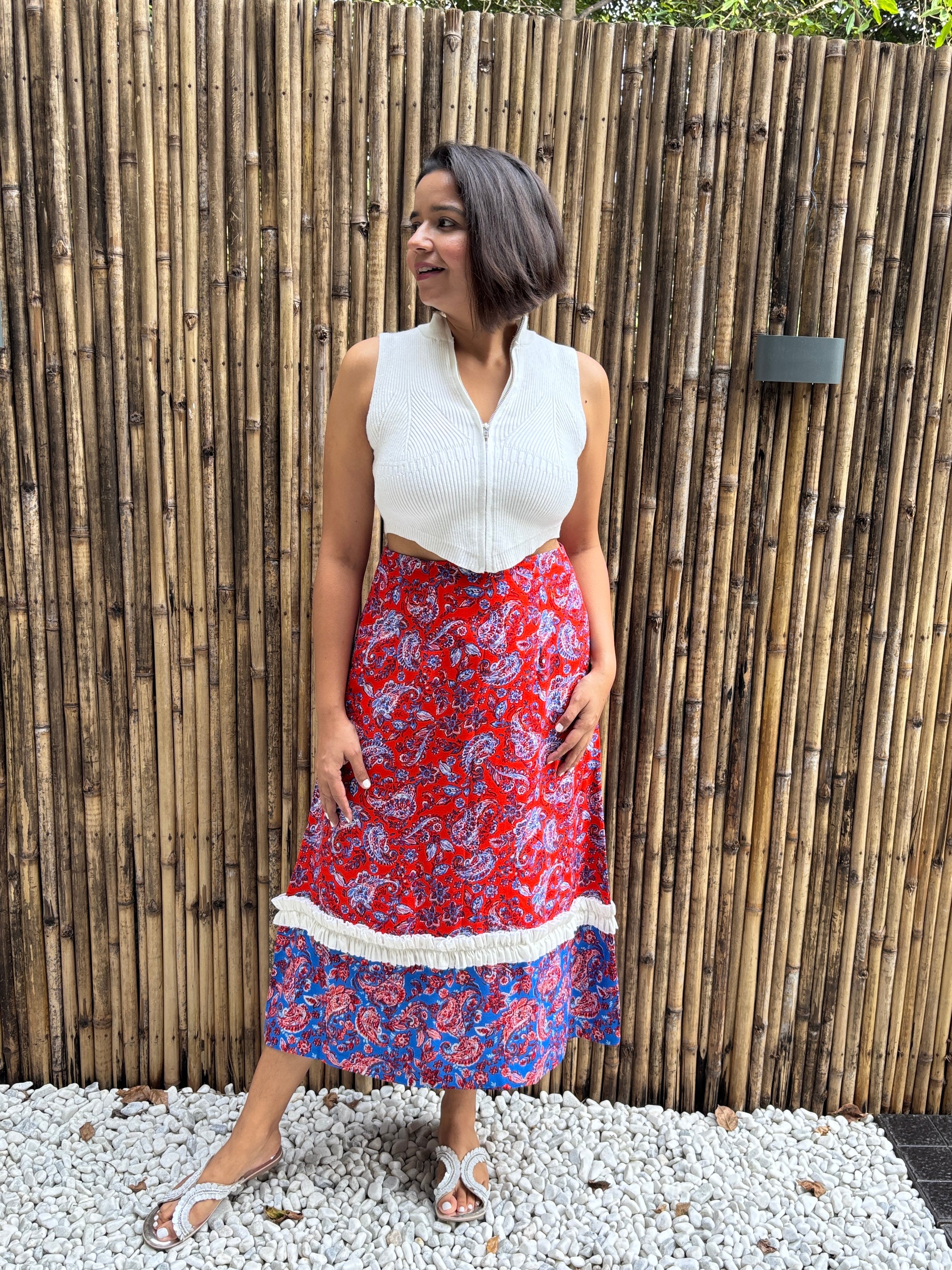 Red & Blue Paisley Frill Midi Skirt