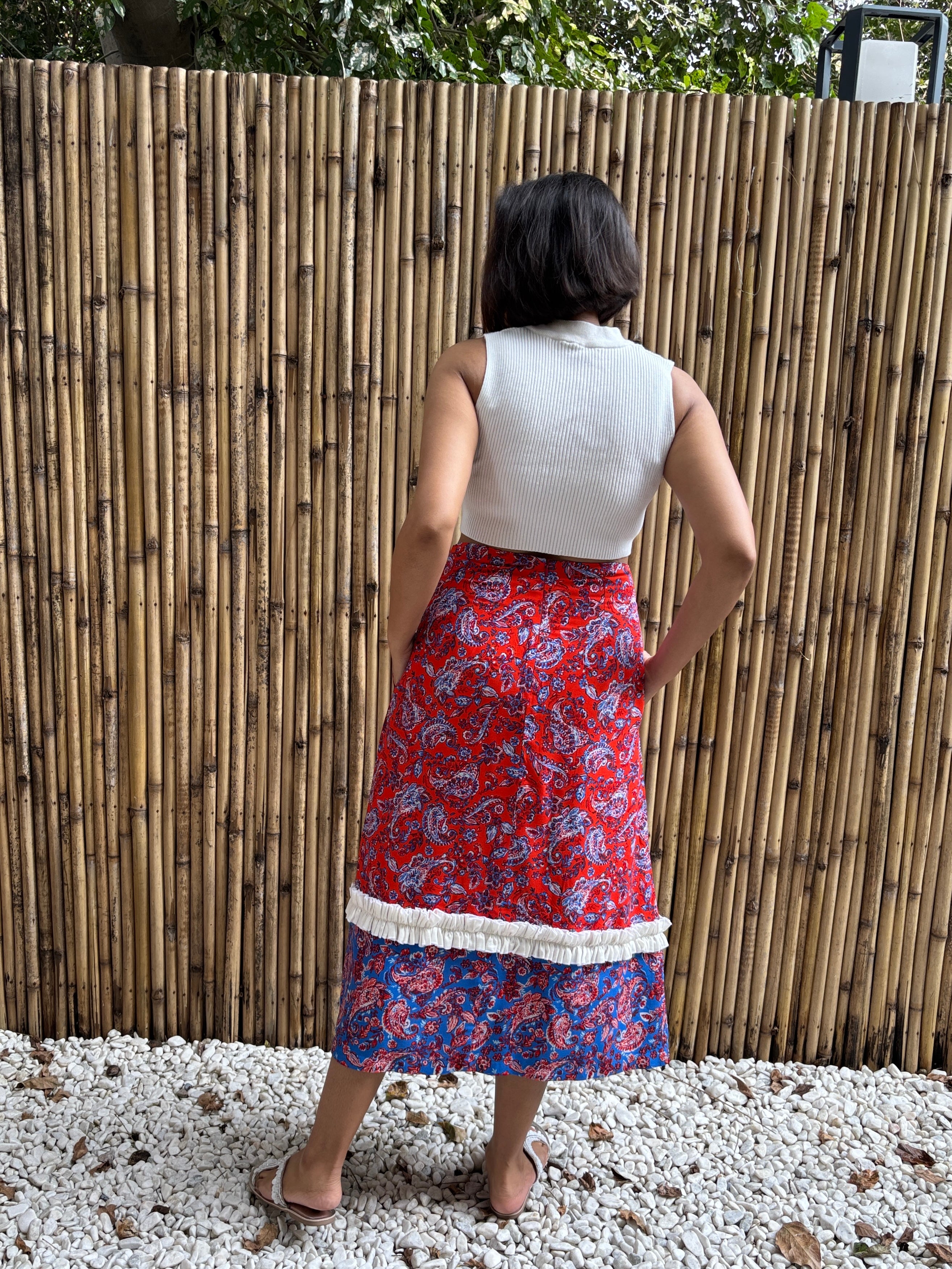 Red & Blue Paisley Frill Midi Skirt