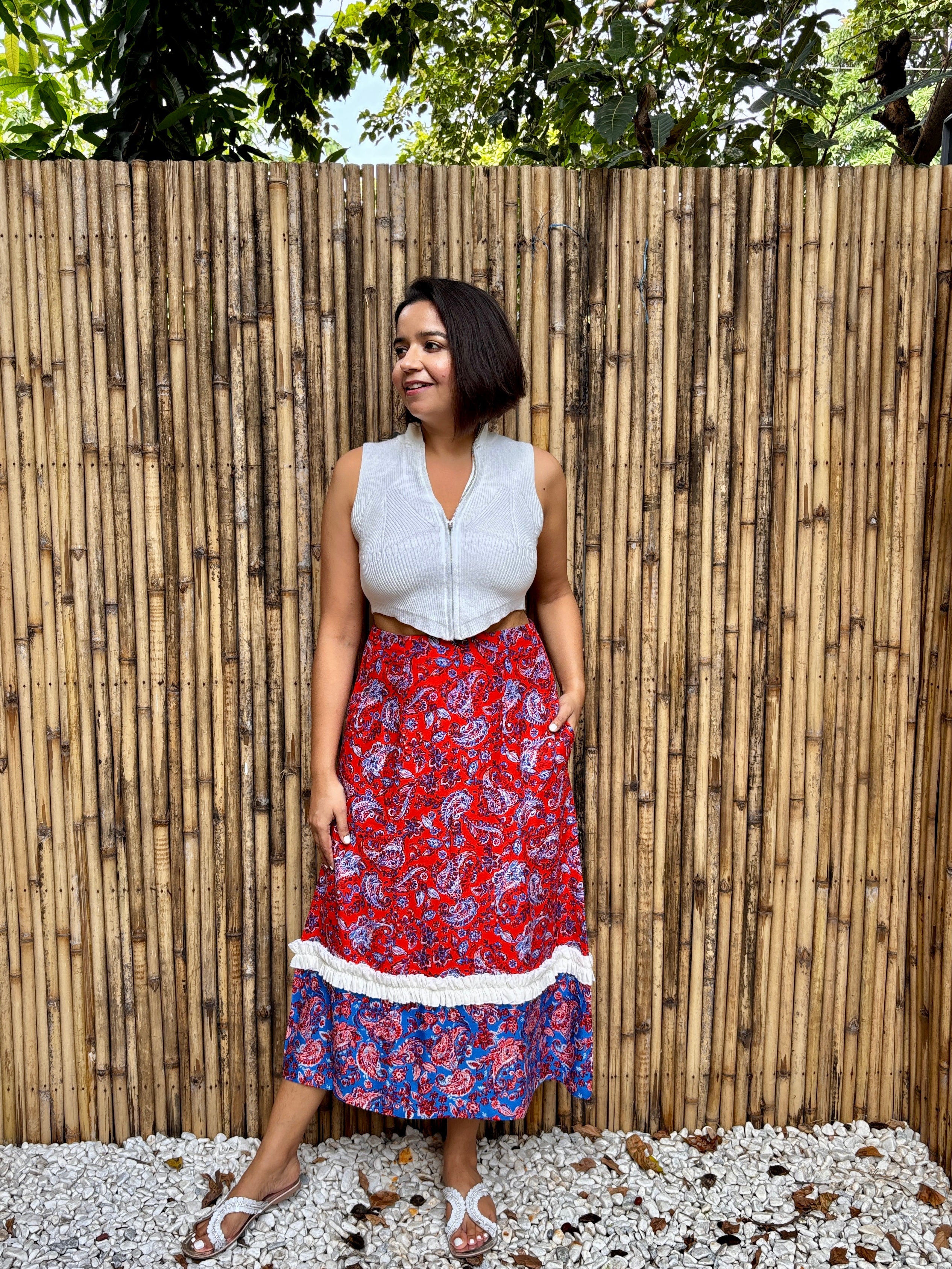 Red & Blue Paisley Frill Midi Skirt