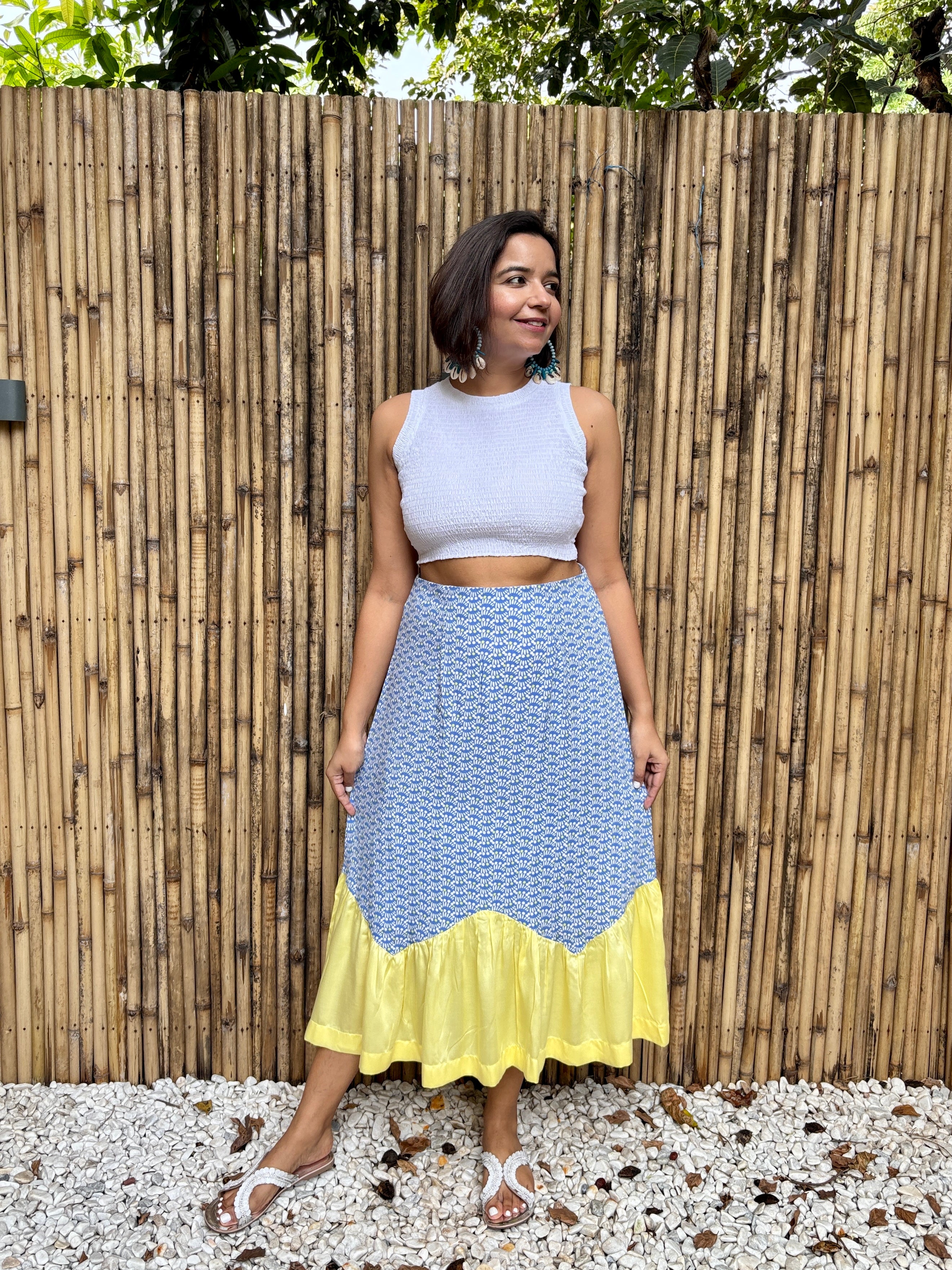 Blue & Yellow Contrast Zig Zag Midi Skirt
