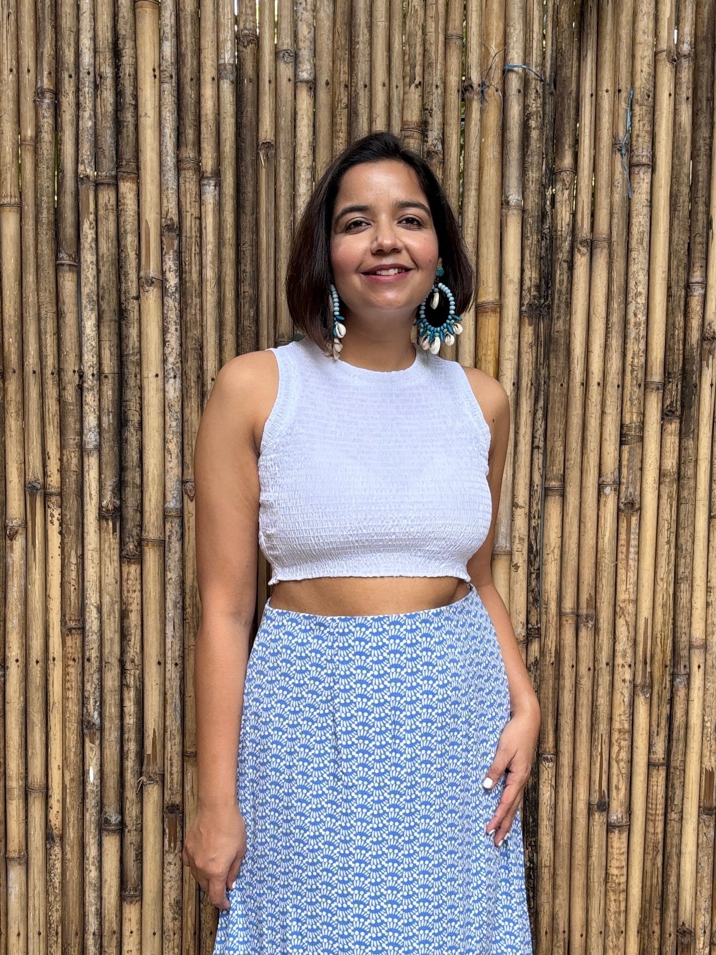 White Cotton Smocked Crop Top