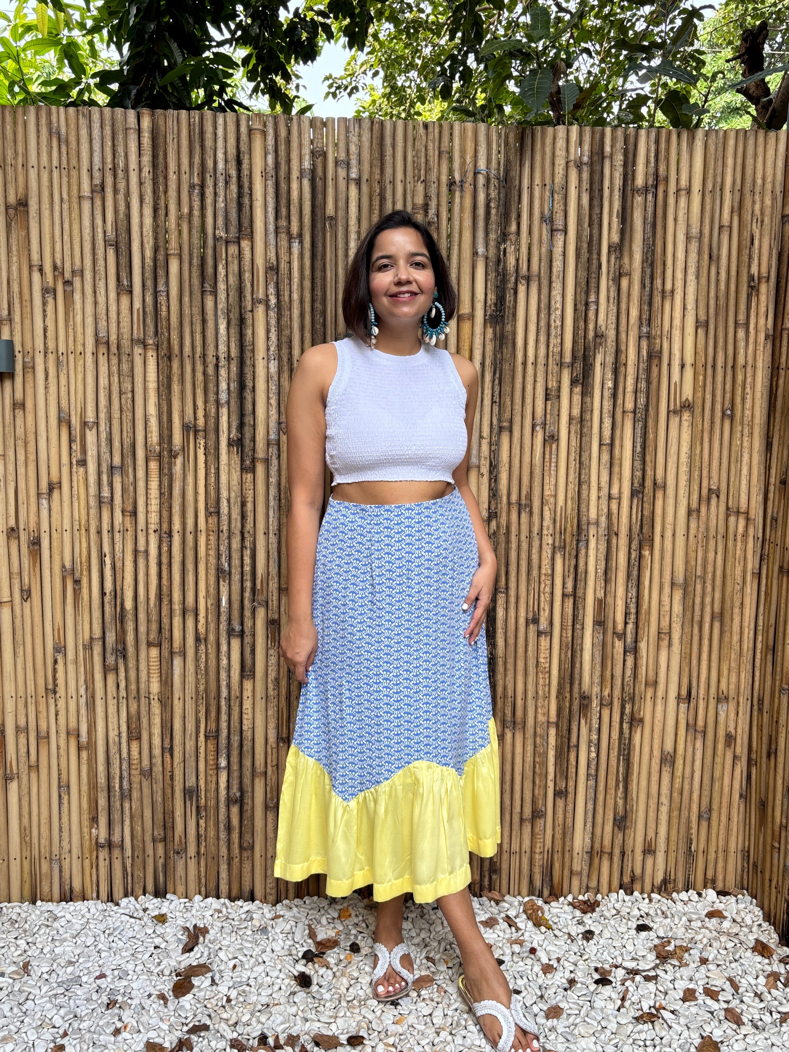 Blue & Yellow Contrast Zig Zag Midi Skirt