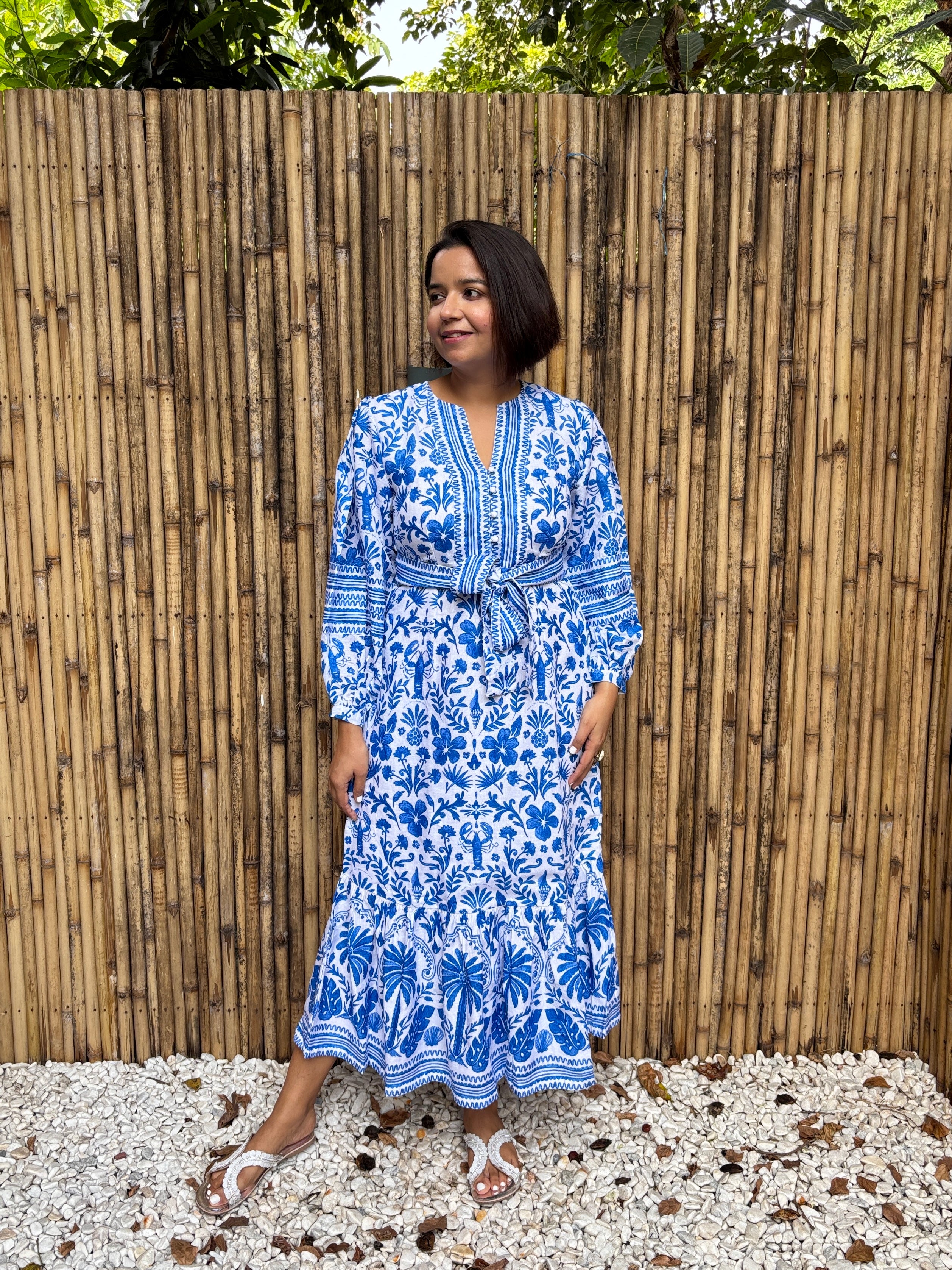 Blue Tile Print Cotton-Linen Midi Dress
