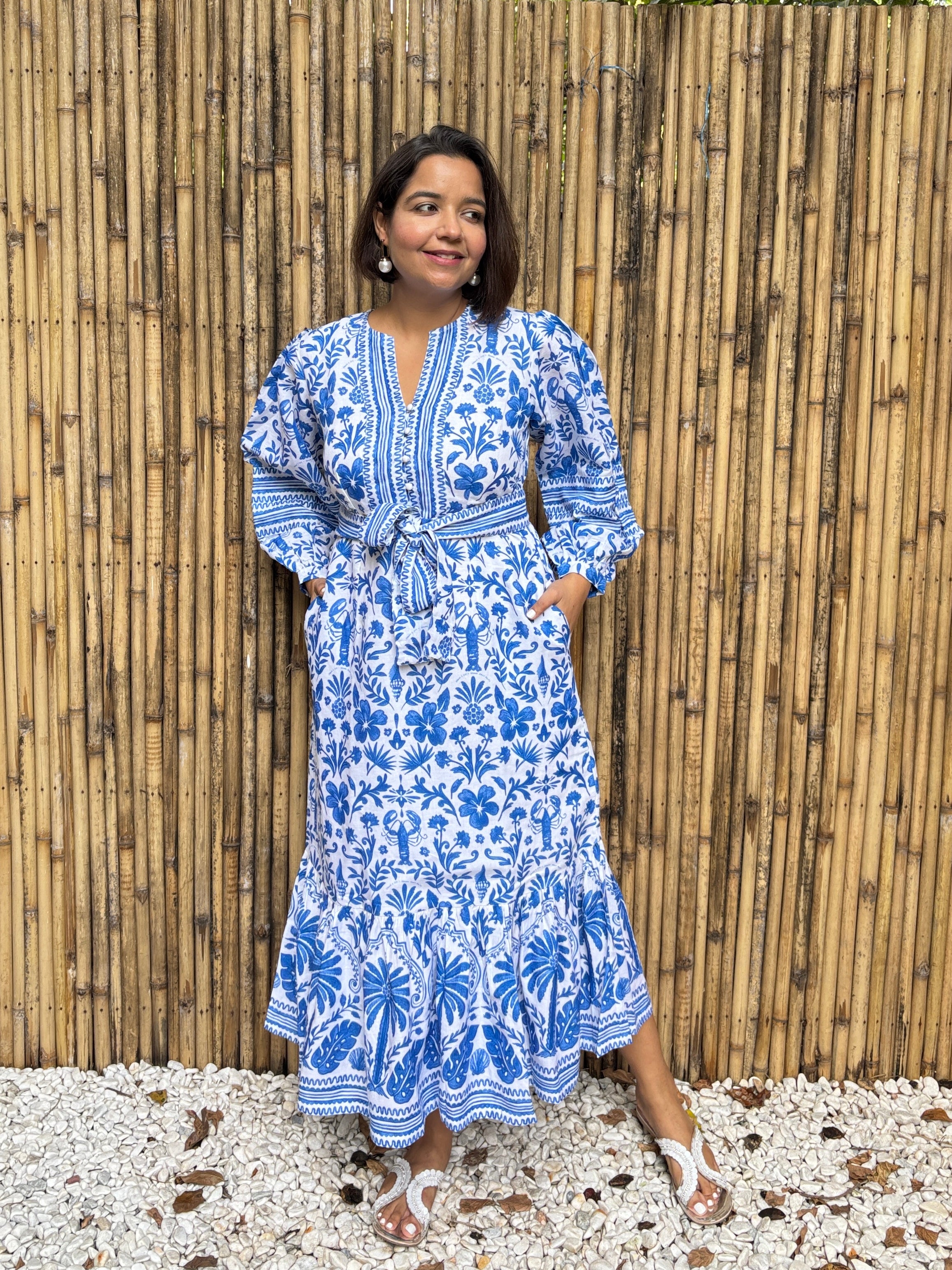 Blue Tile Print Cotton-Linen Midi Dress