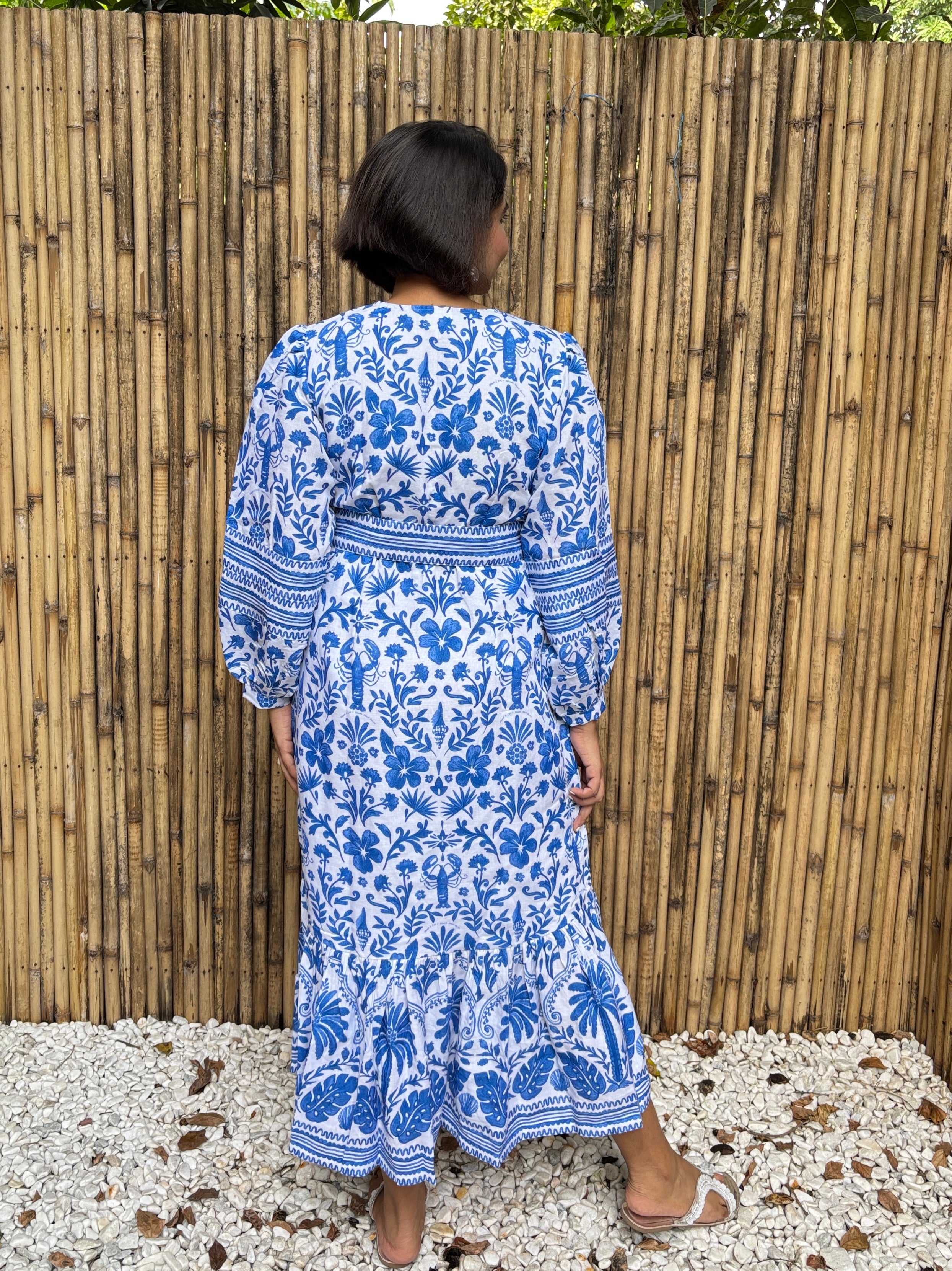 Blue Tile Print Cotton-Linen Midi Dress