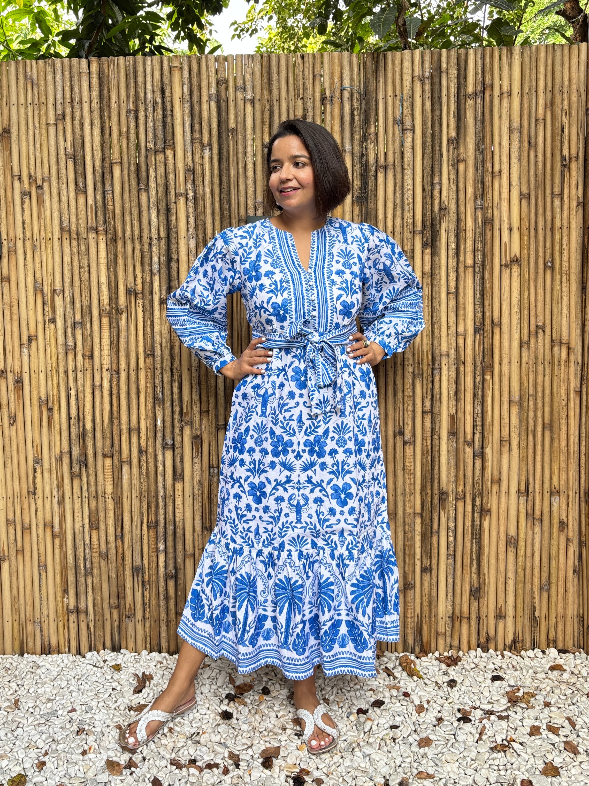 Blue Tile Print Cotton-Linen Midi Dress