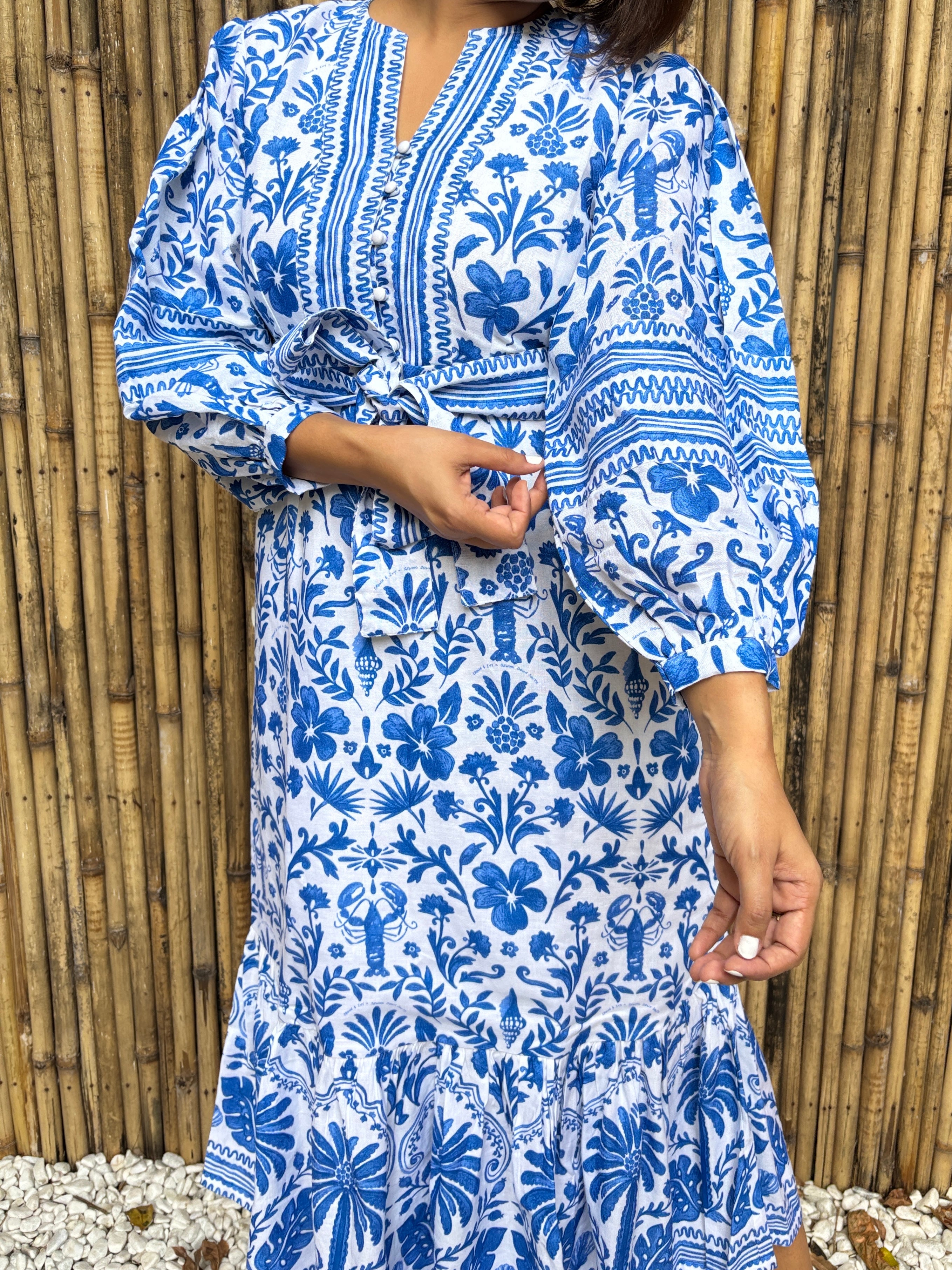 Blue Tile Print Cotton-Linen Midi Dress