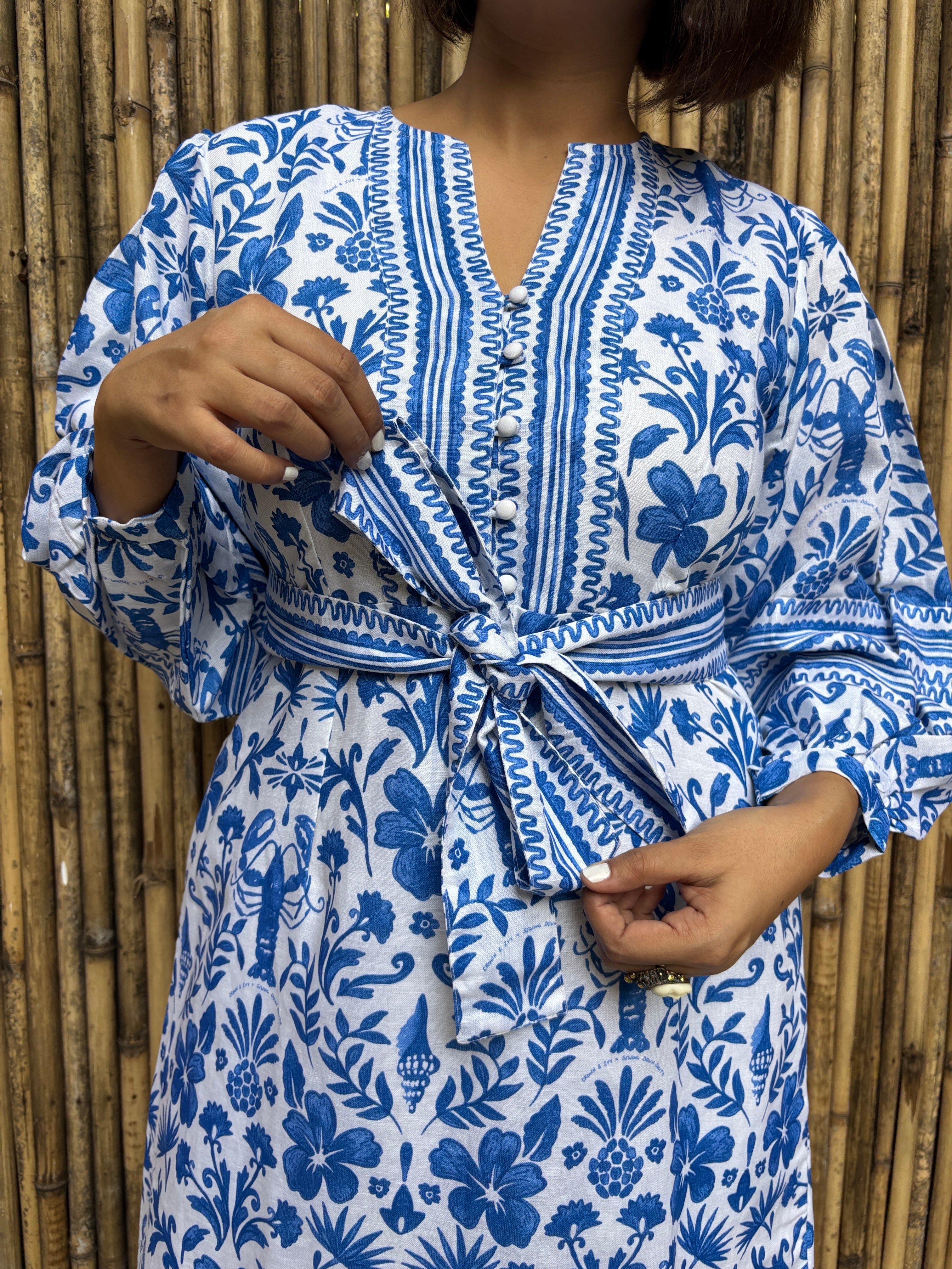Blue Tile Print Cotton-Linen Midi Dress