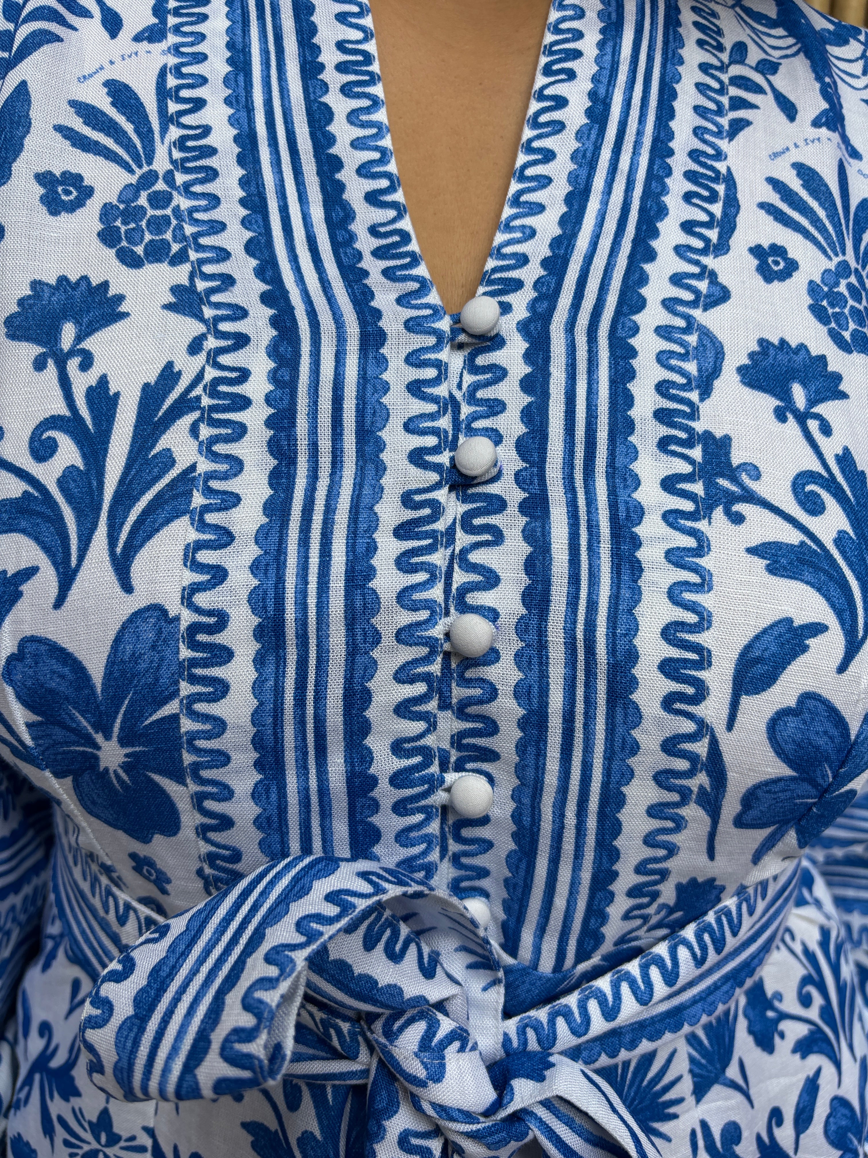 Blue Tile Print Cotton-Linen Midi Dress