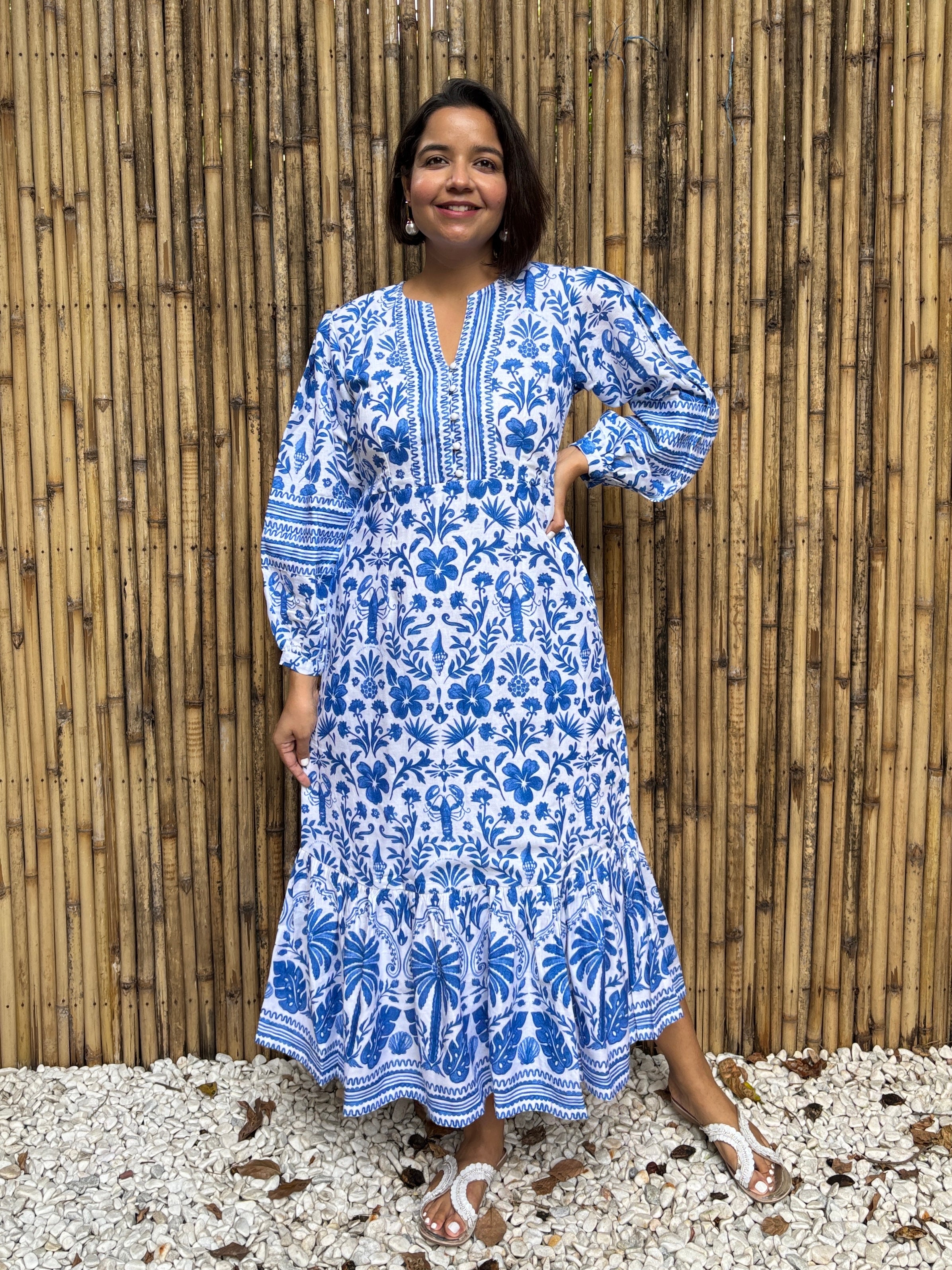 Blue Tile Print Cotton-Linen Midi Dress