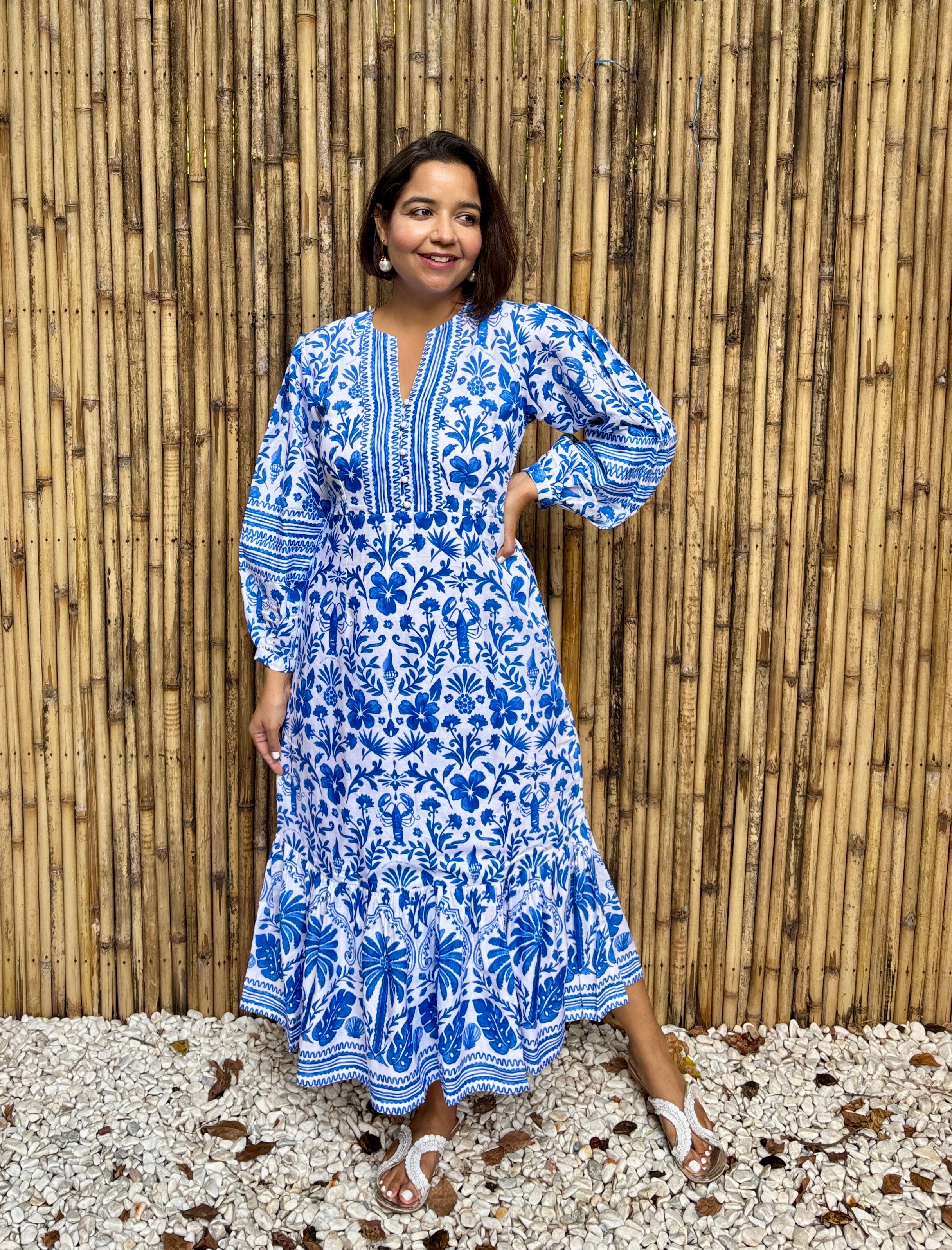 Blue Tile Print Cotton-Linen Midi Dress
