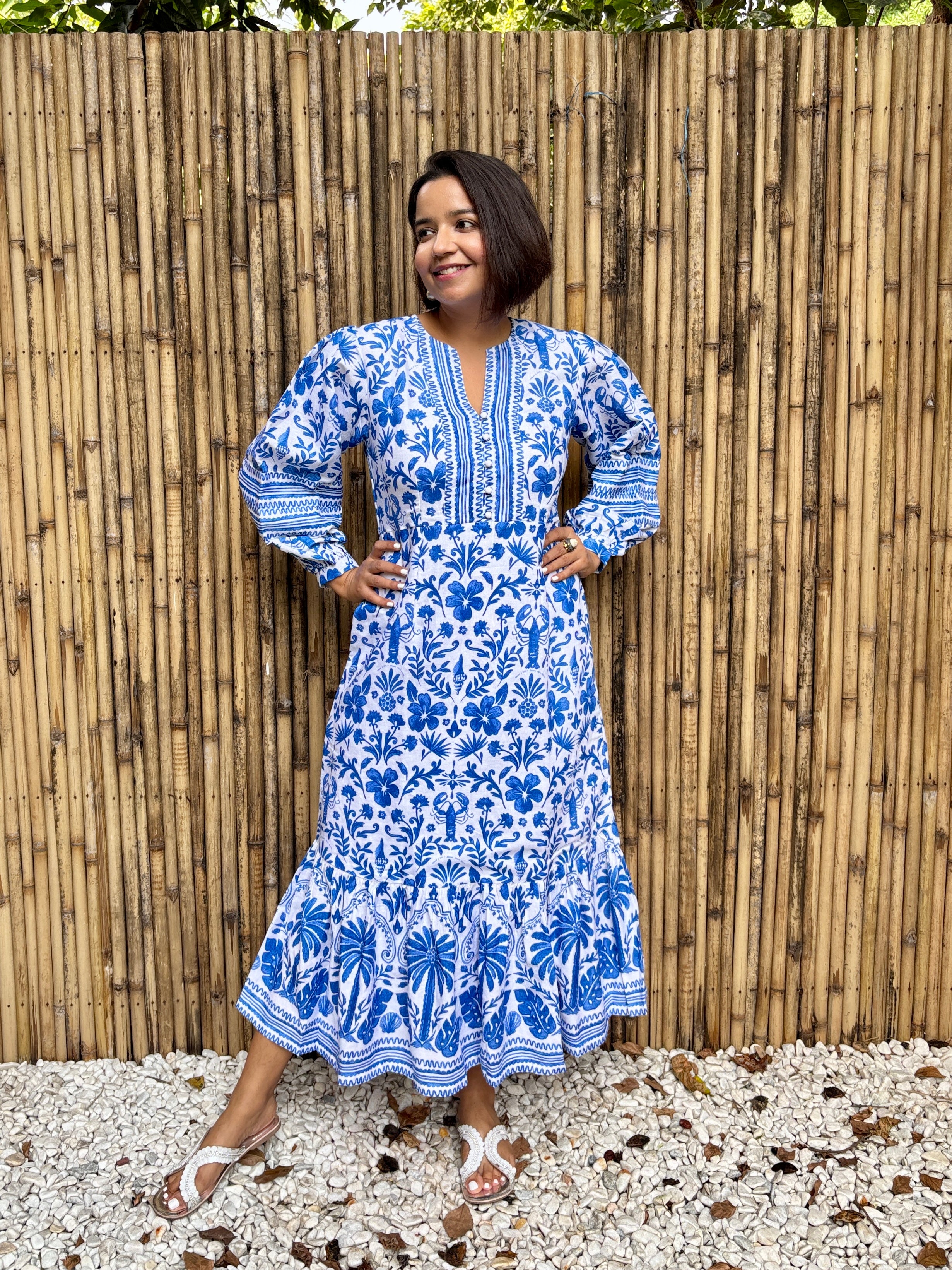 Blue Tile Print Cotton-Linen Midi Dress