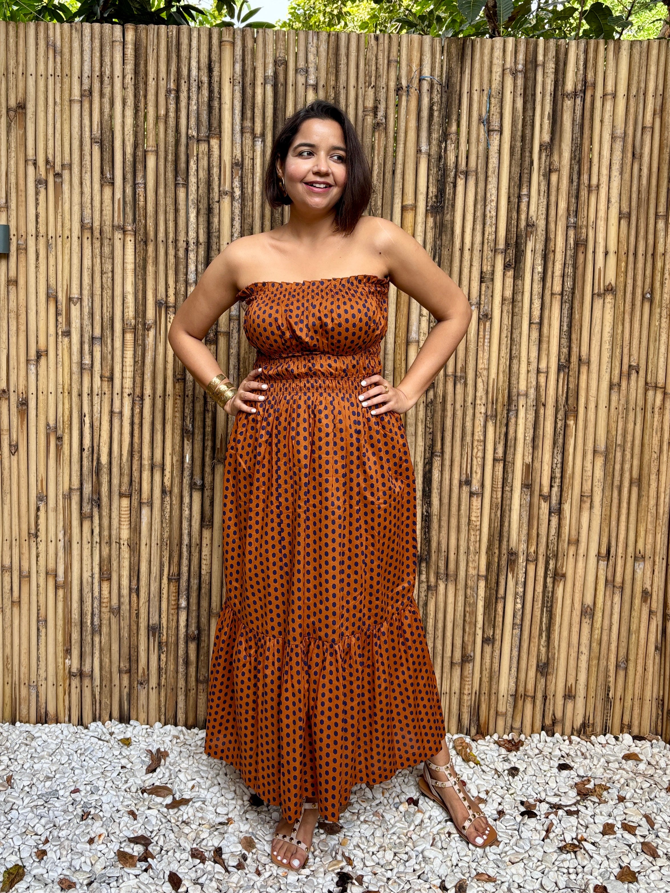 Rust Polka Cotton Tiered Tube Maxi Dress