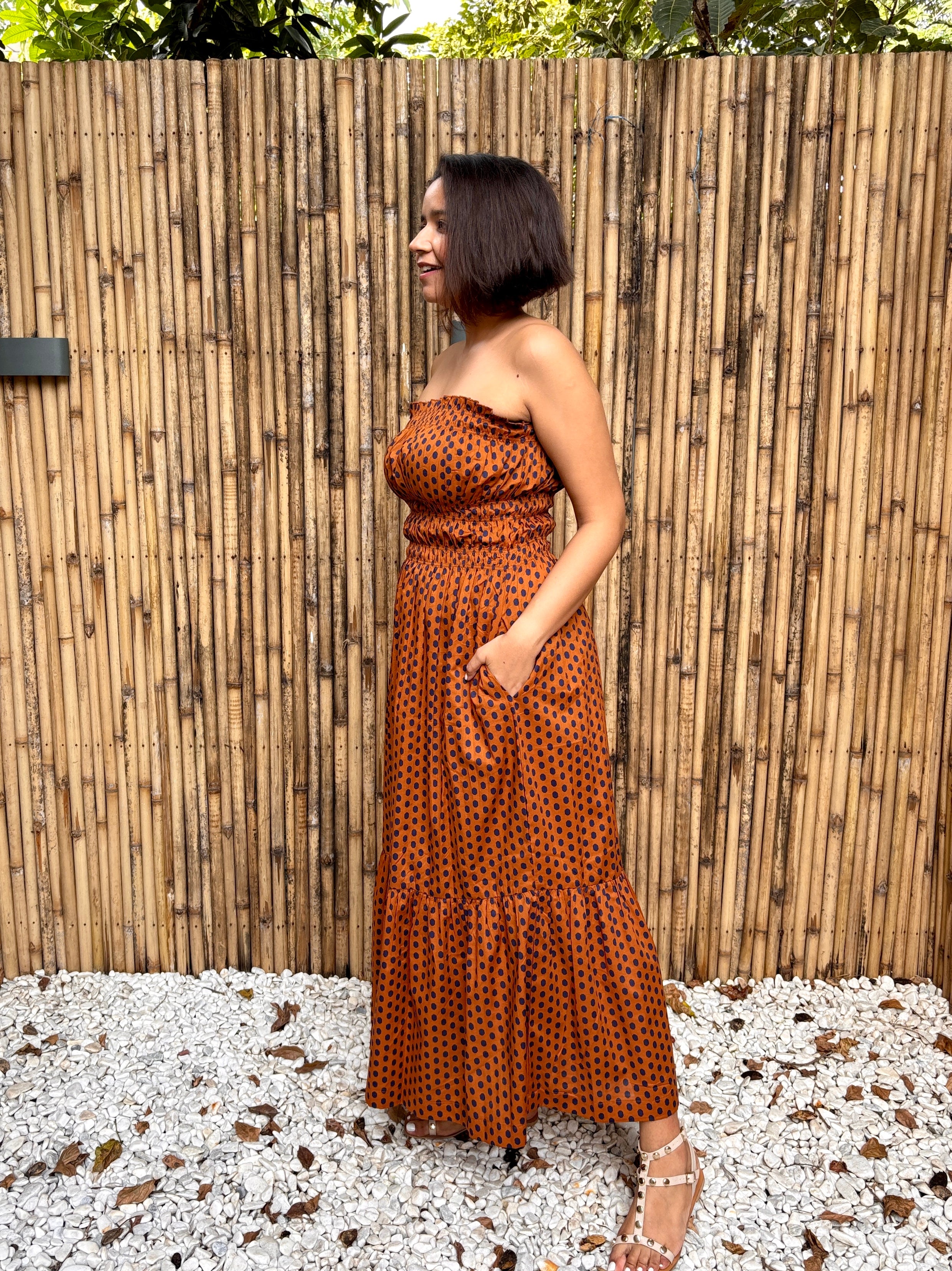Rust Polka Cotton Tiered Tube Maxi Dress