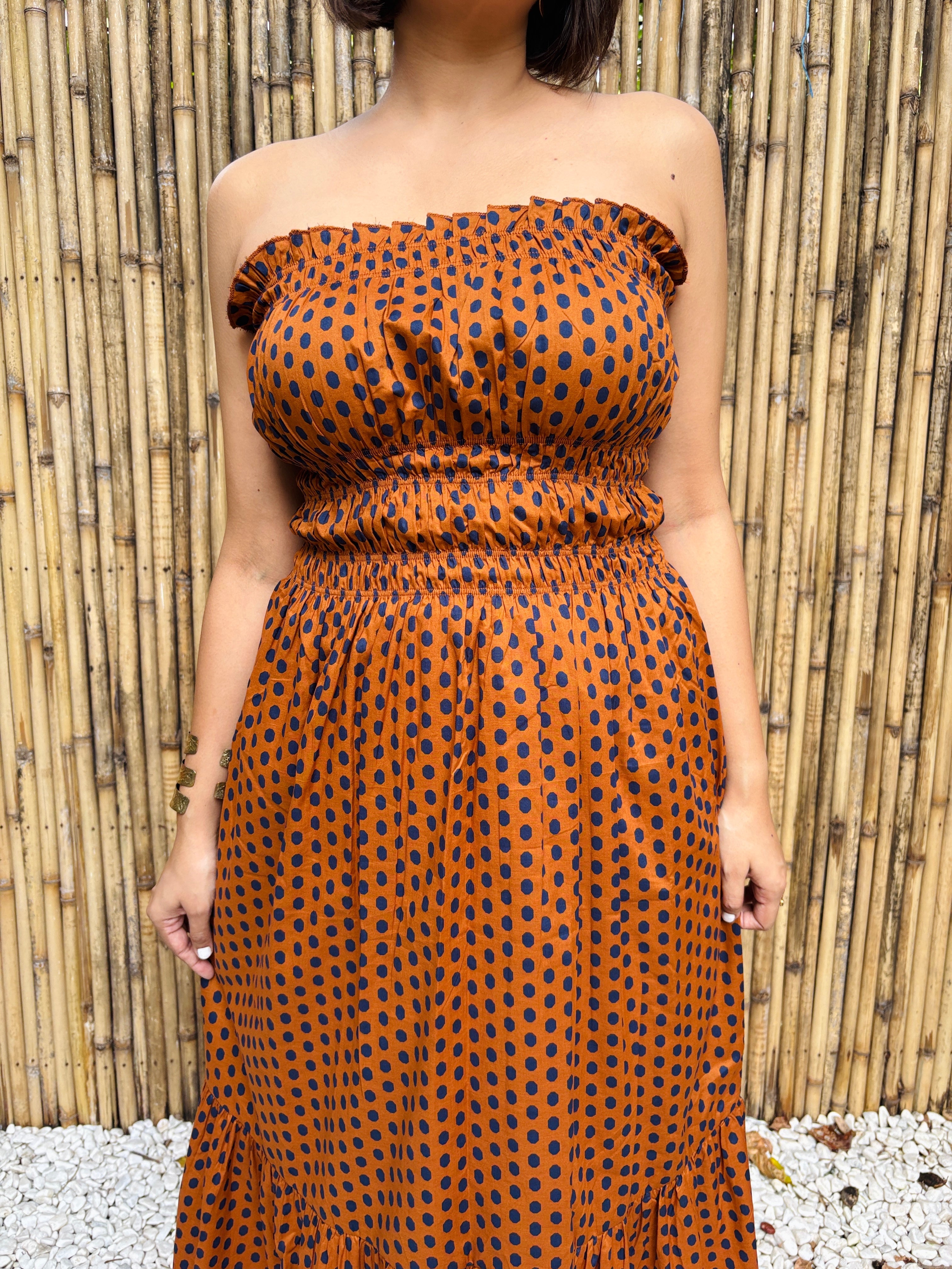 Rust Polka Cotton Tiered Tube Maxi Dress