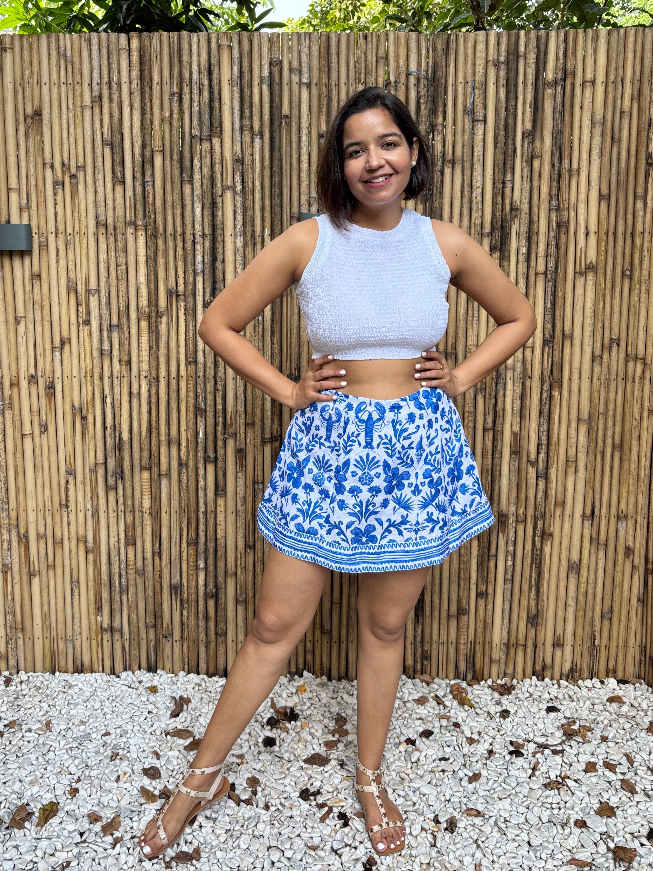 Blue Tile Print Cotton-Linen High Rise Skorts