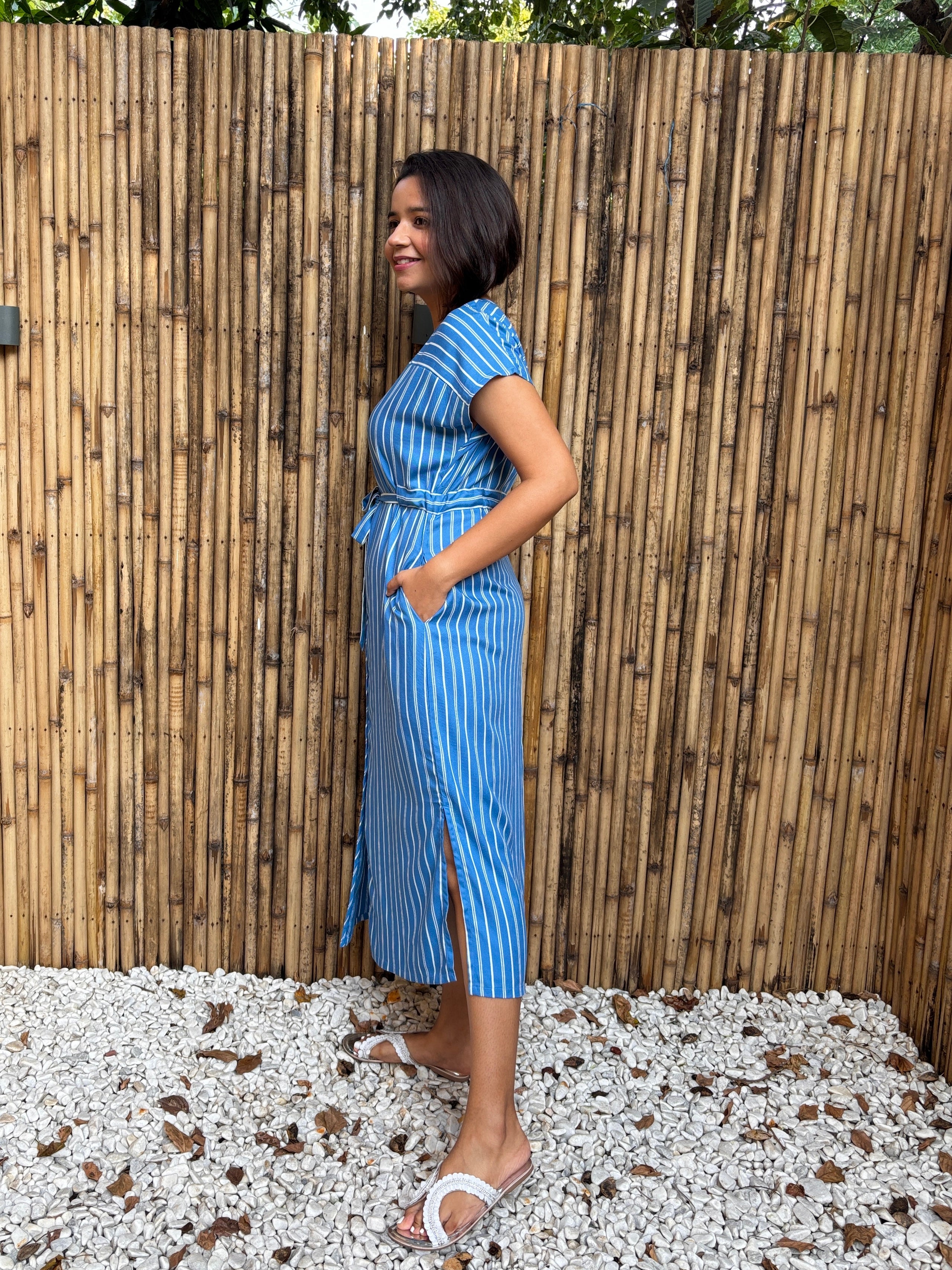 Blue Striped Belted Midi Dress