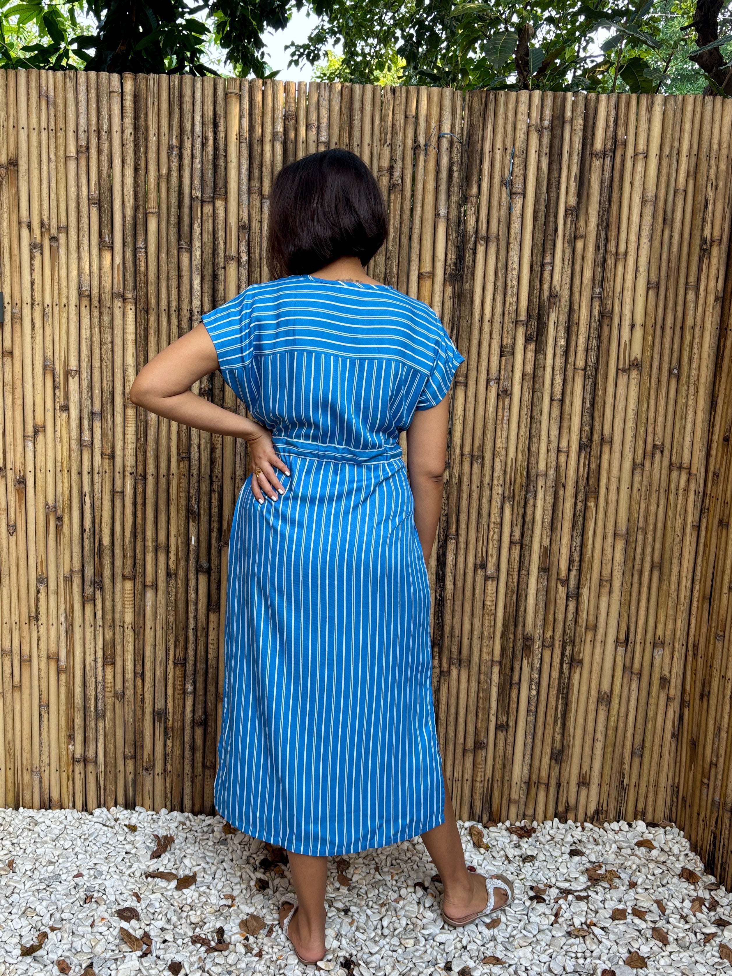 Blue Striped Belted Midi Dress