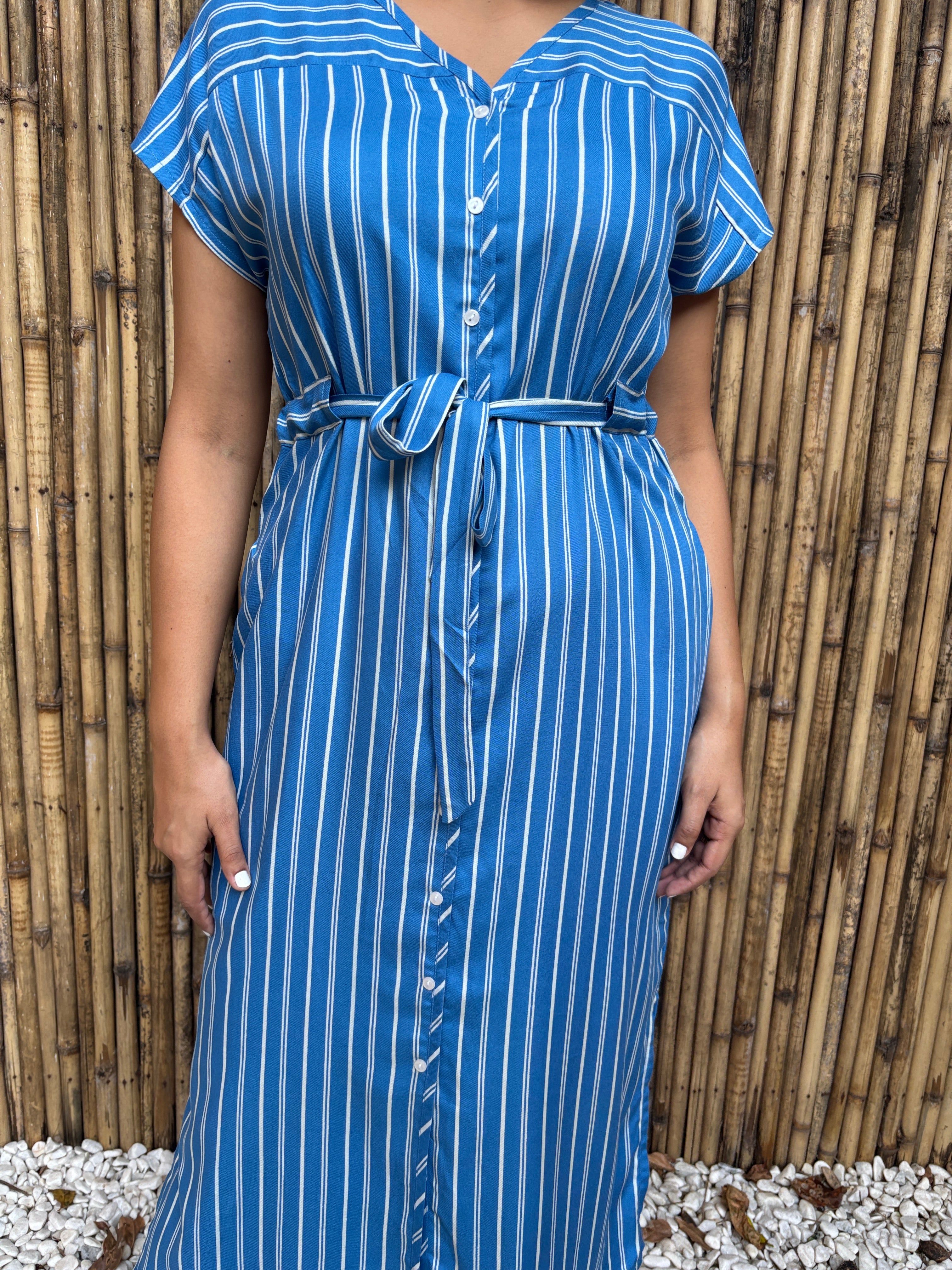 Blue Striped Belted Midi Dress