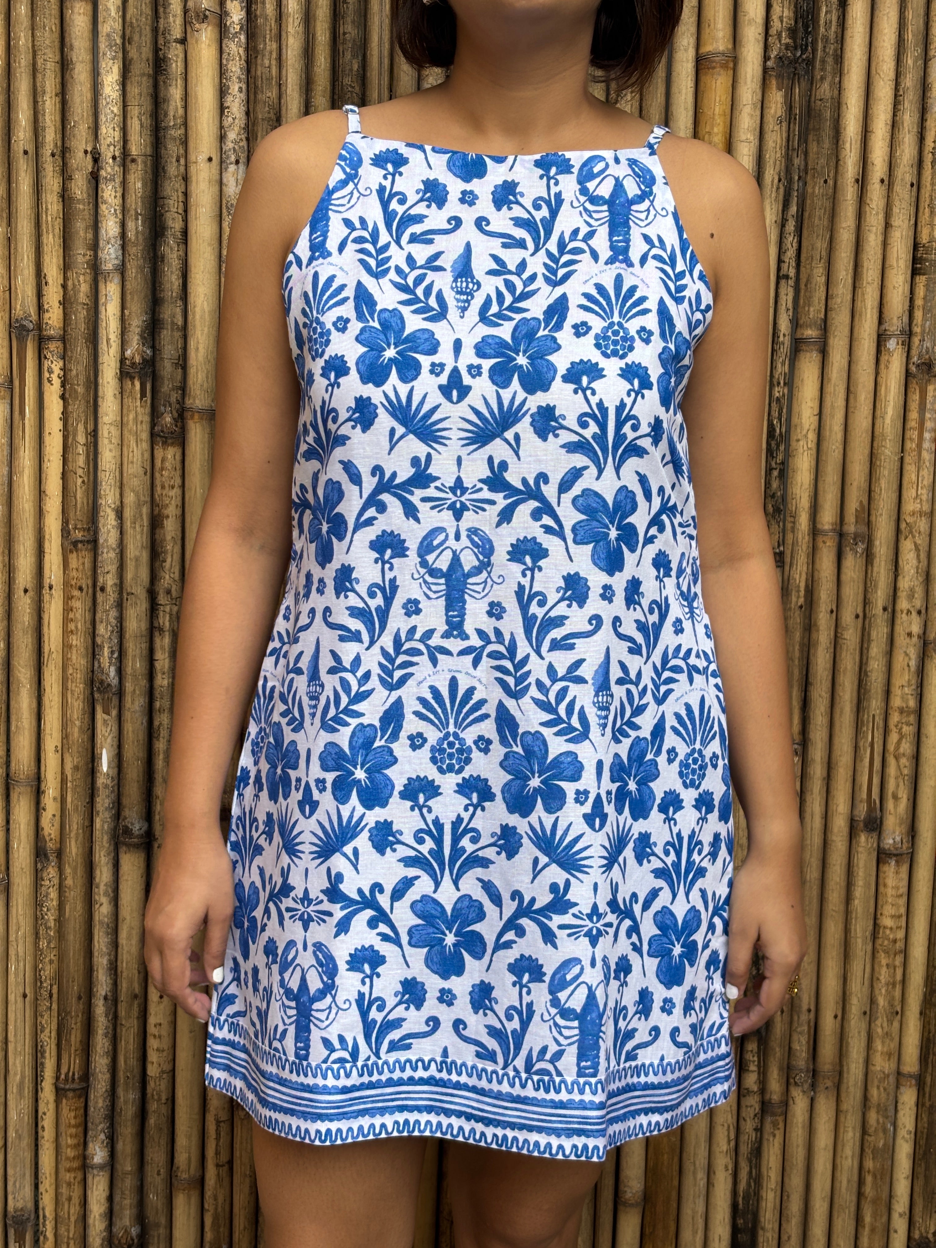 Blue Tile Print Cotton-Linen Mini Dress