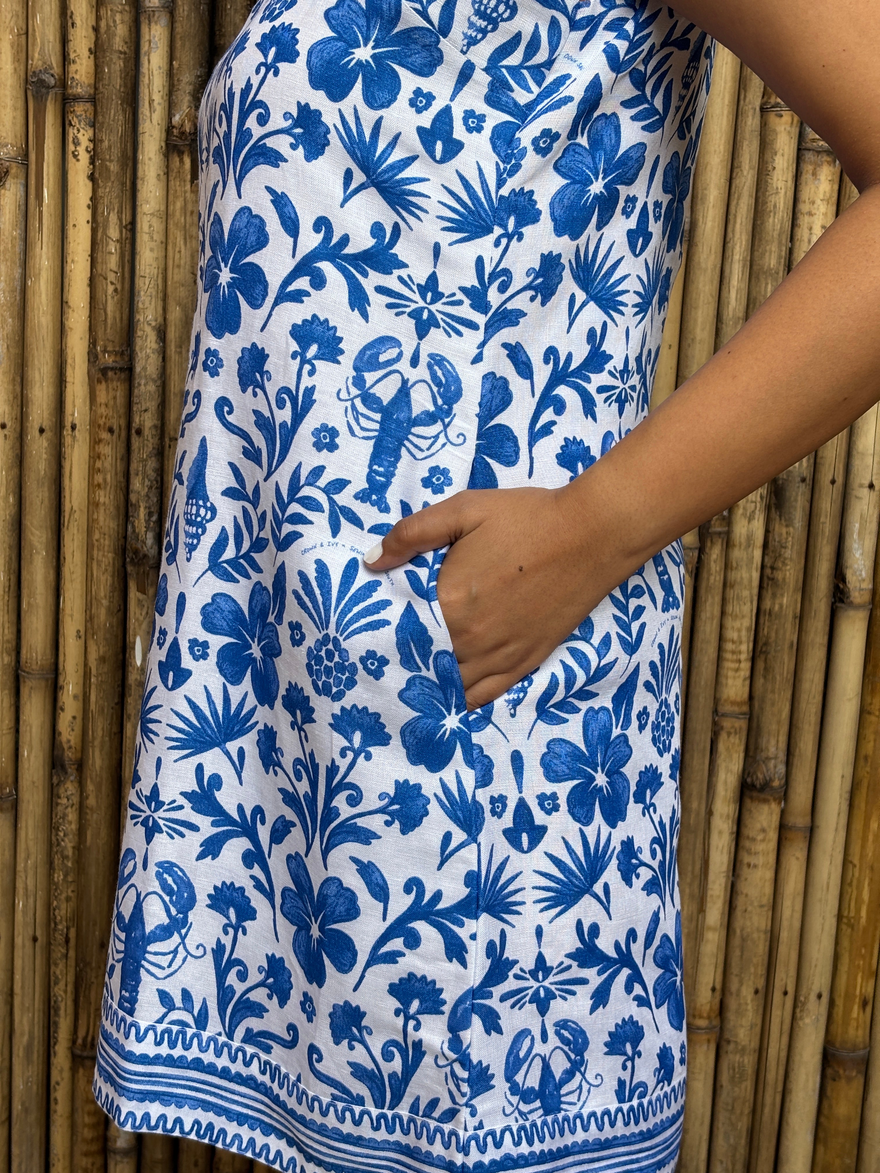 Blue Tile Print Cotton-Linen Mini Dress