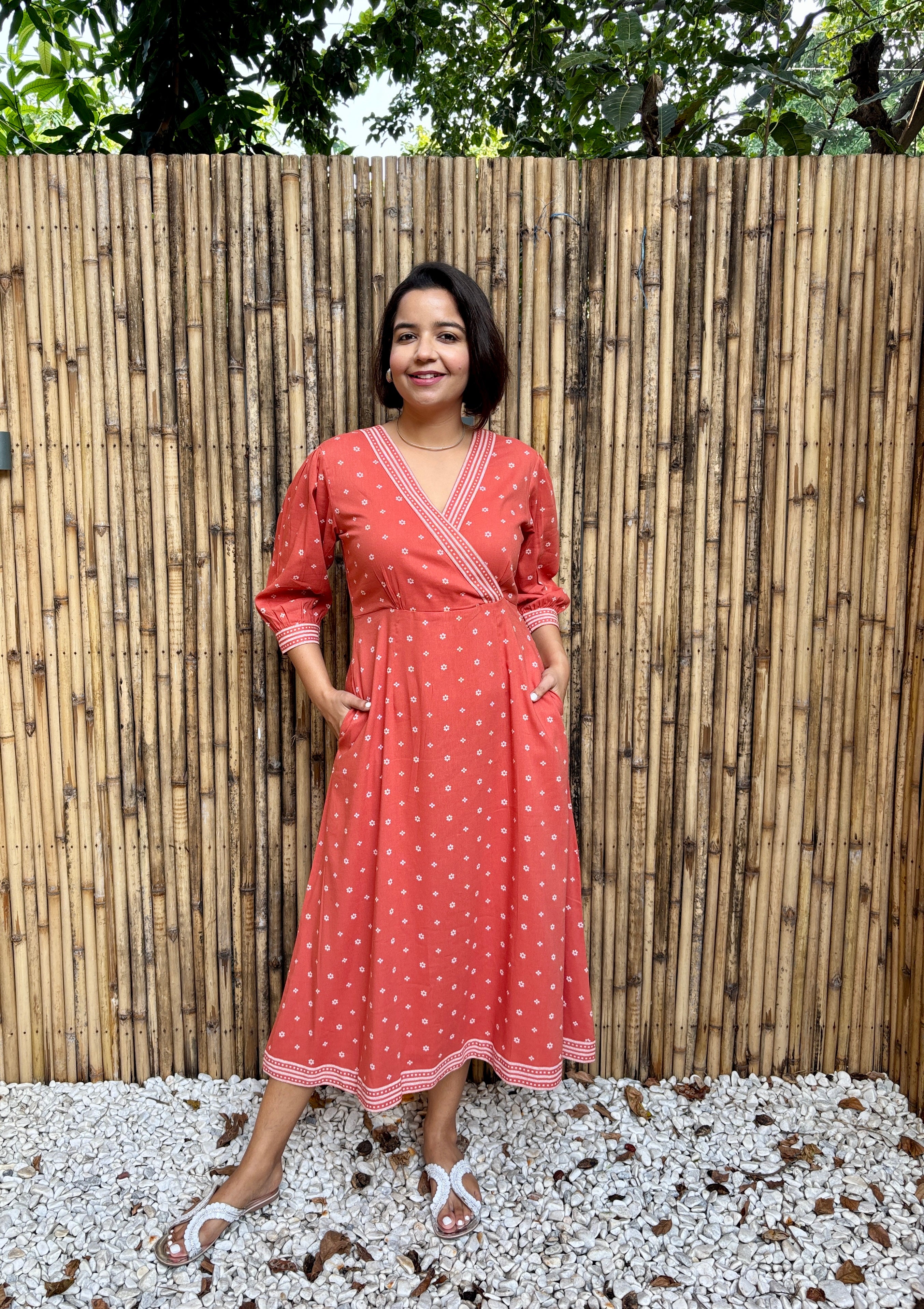 Coral Printed A-Line Midi Dress