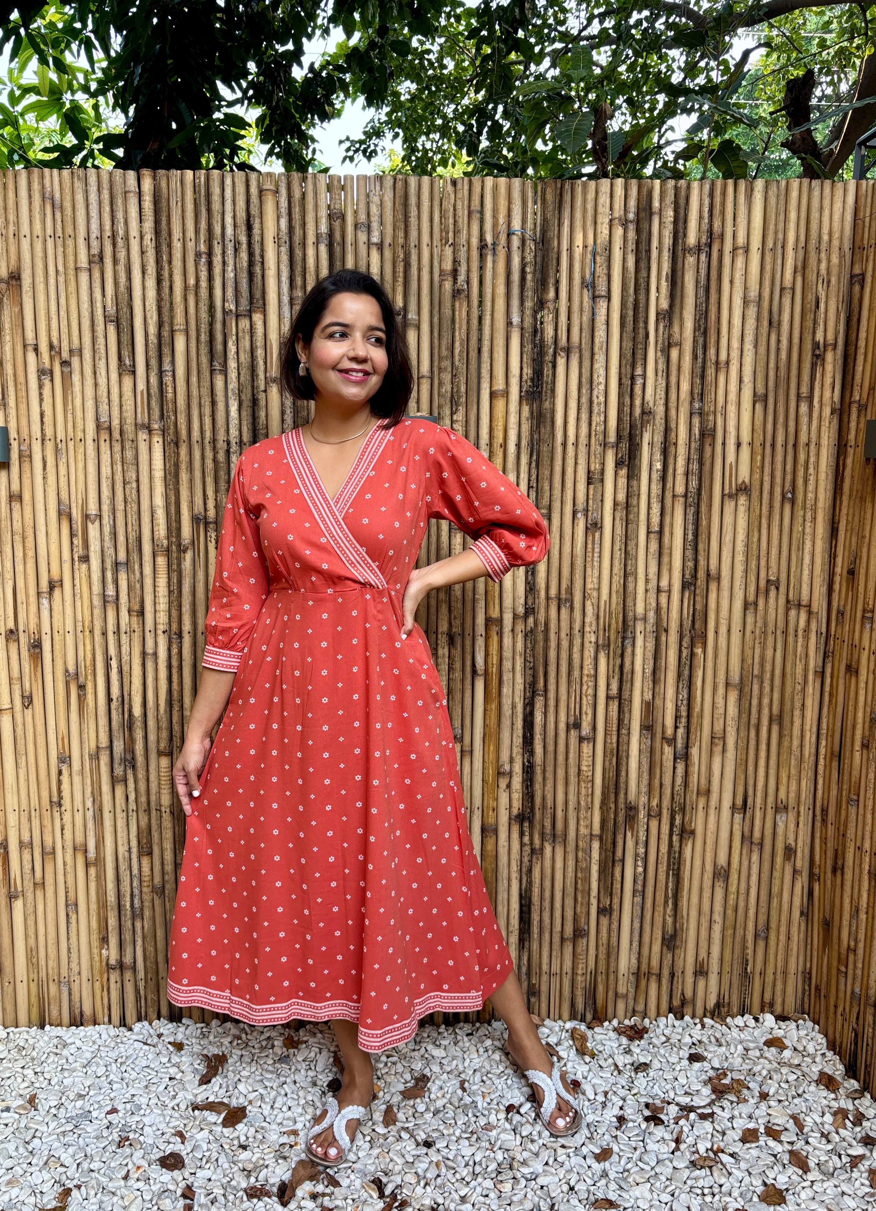 Coral Printed A-Line Midi Dress