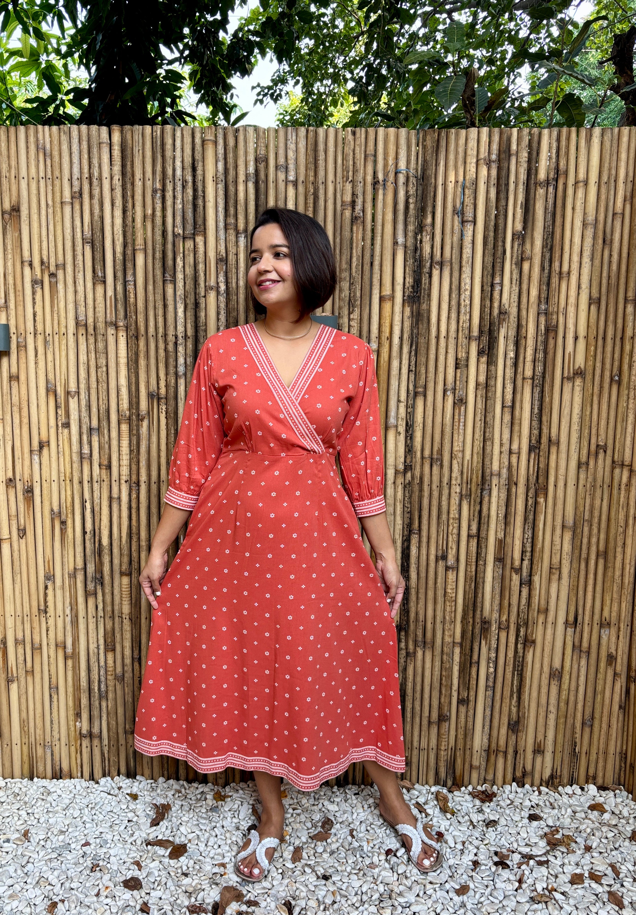 Coral Printed A-Line Midi Dress