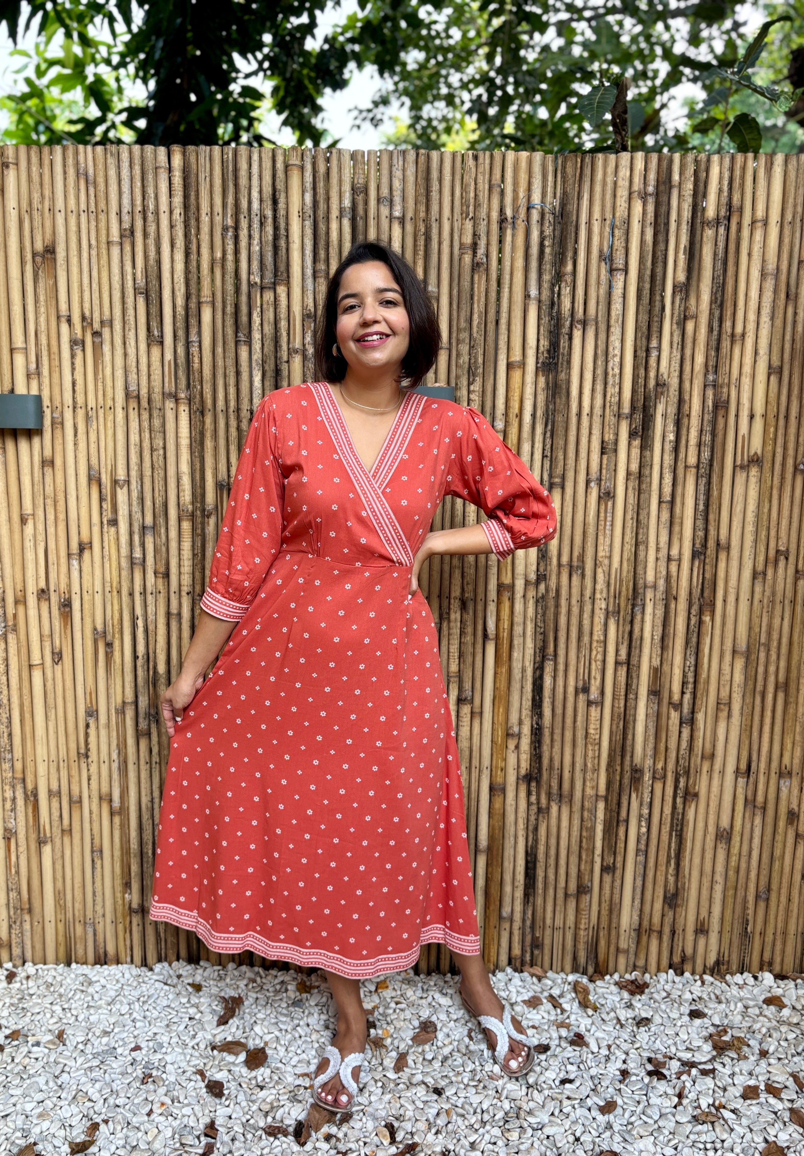 Coral Printed A-Line Midi Dress