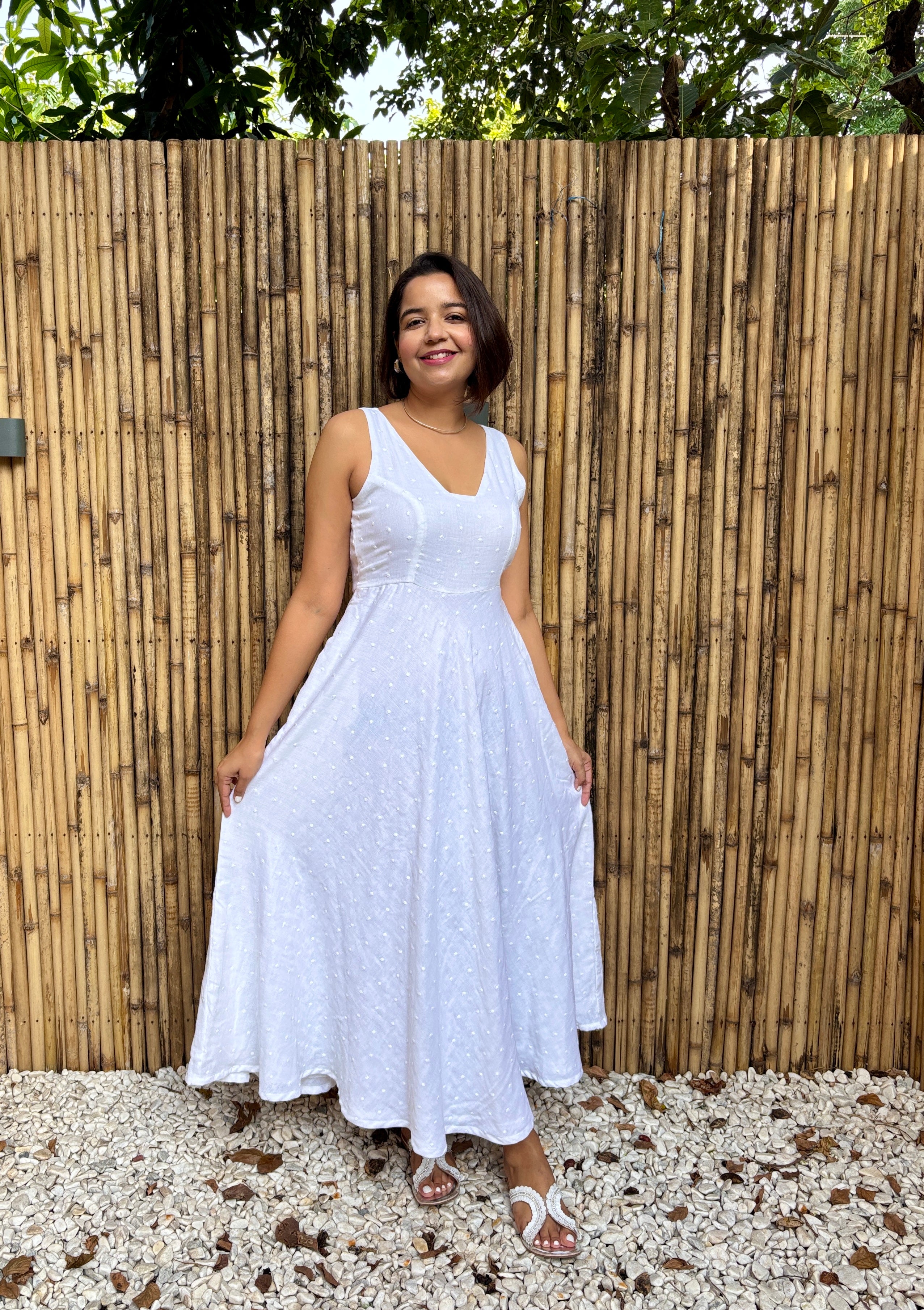 White Cotton Butta Flared Maxi Dress
