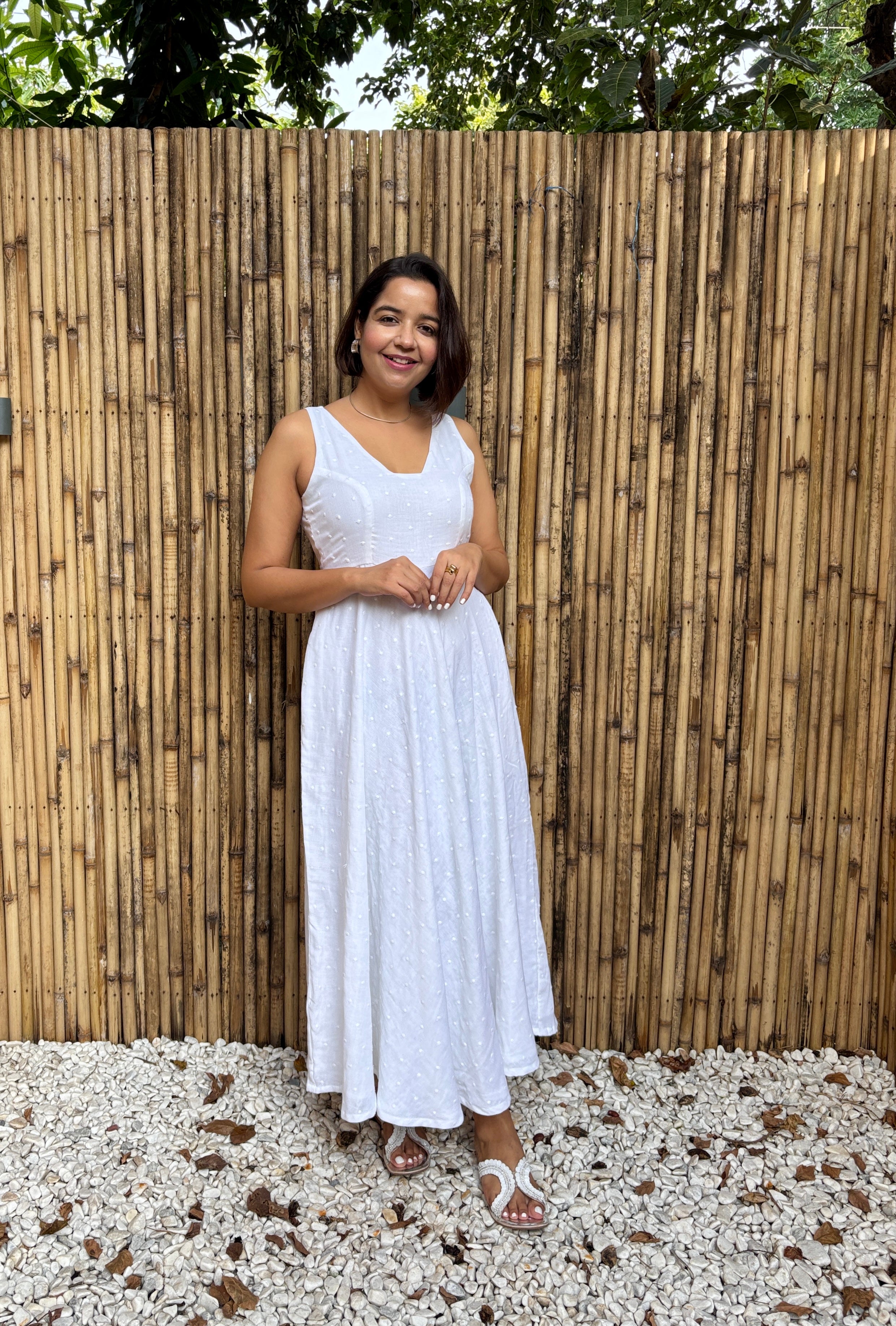 White Cotton Butta Flared Maxi Dress