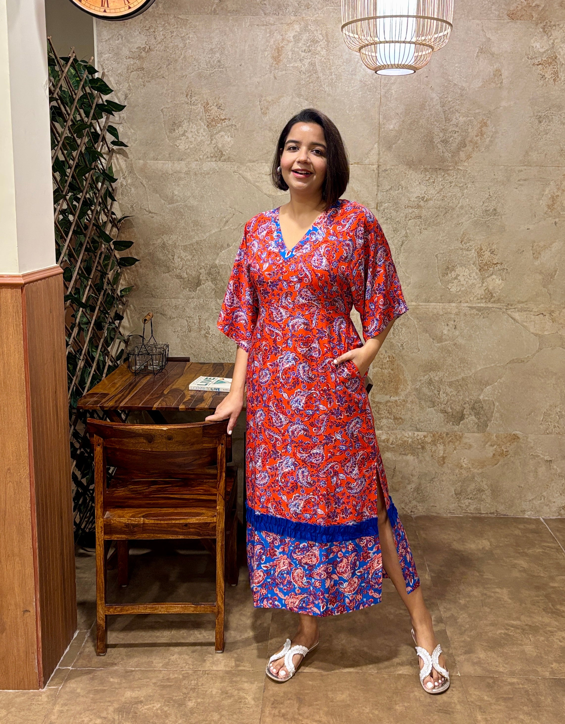 Red Paisley Kaftan Maxi Dress