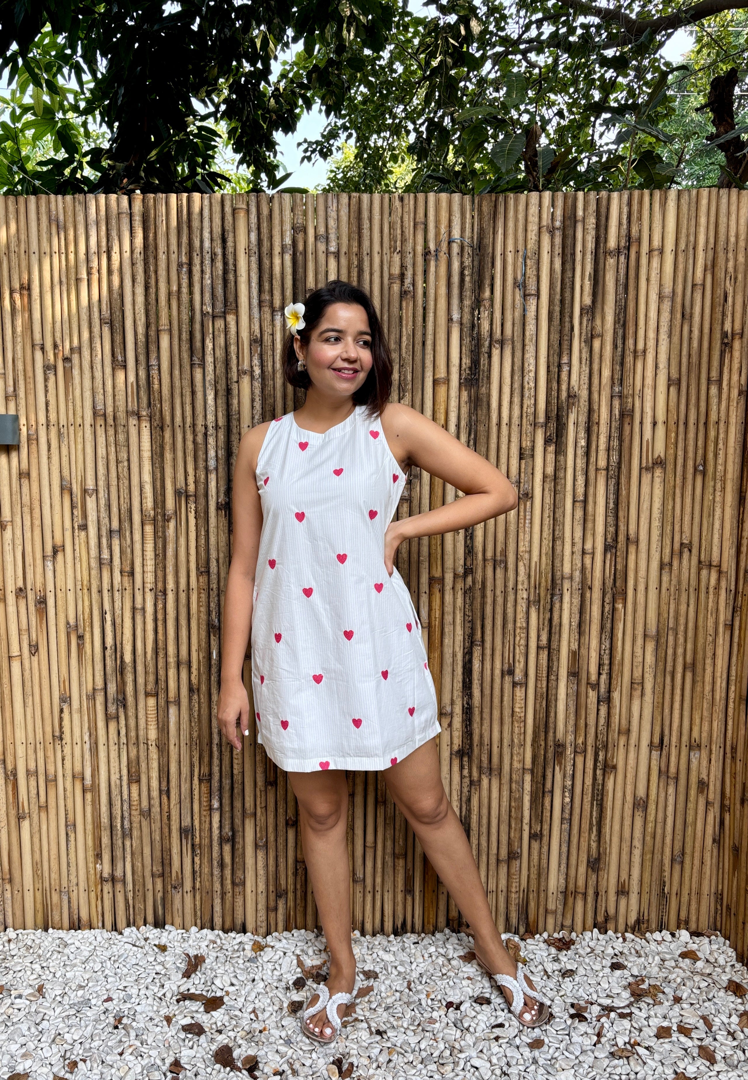 White Heart Print Cut Out Cotton Mini Dress