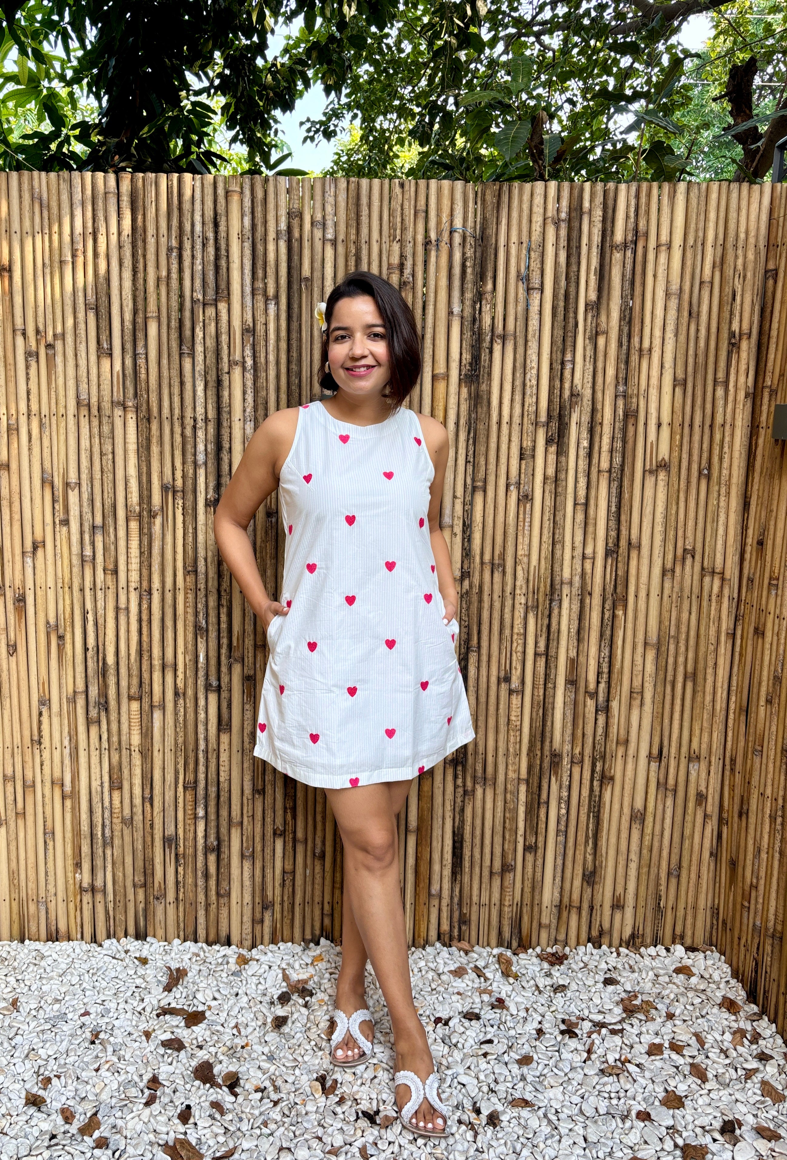 White Heart Print Cut Out Cotton Mini Dress