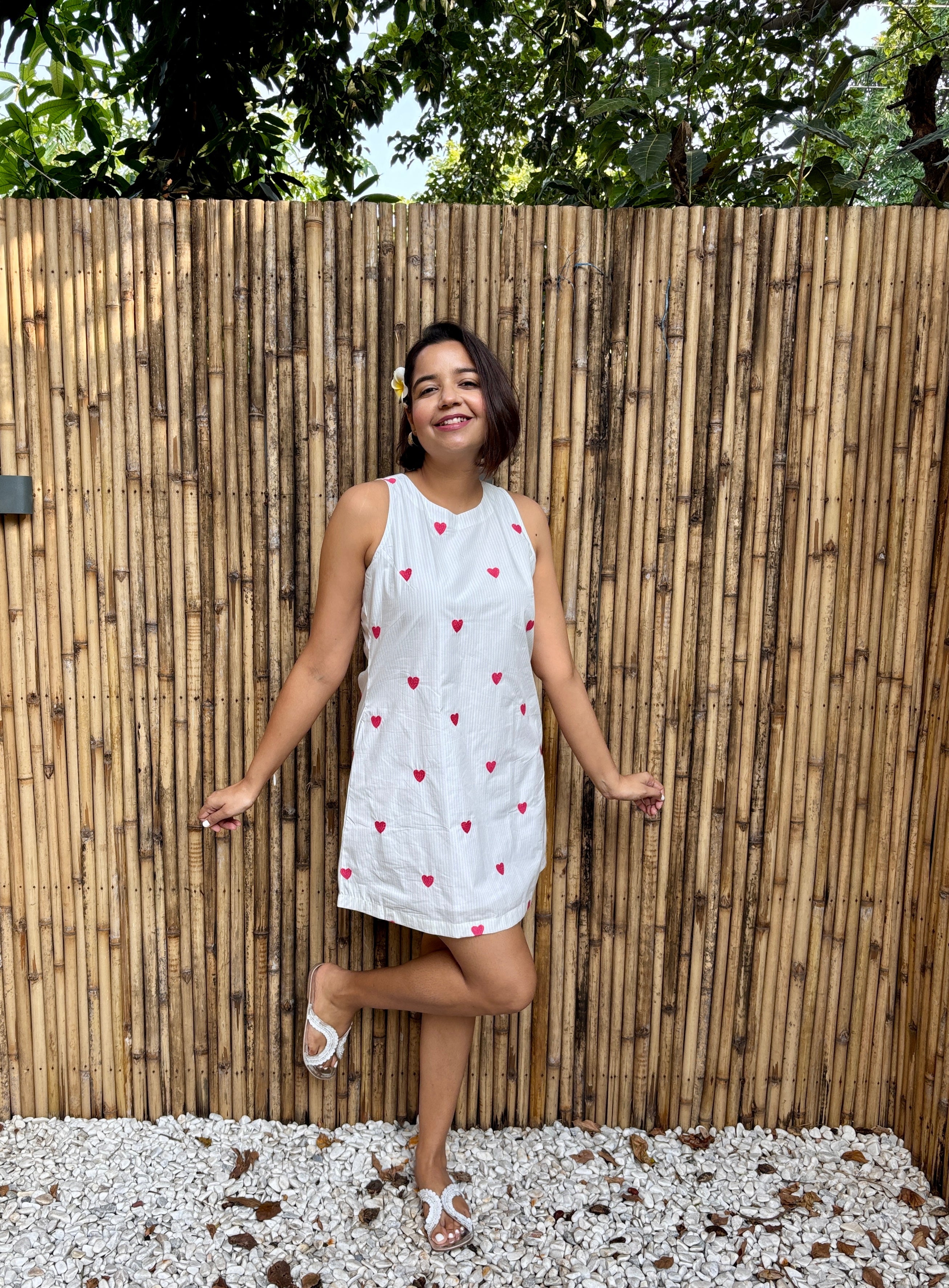 White Heart Print Cut Out Cotton Mini Dress