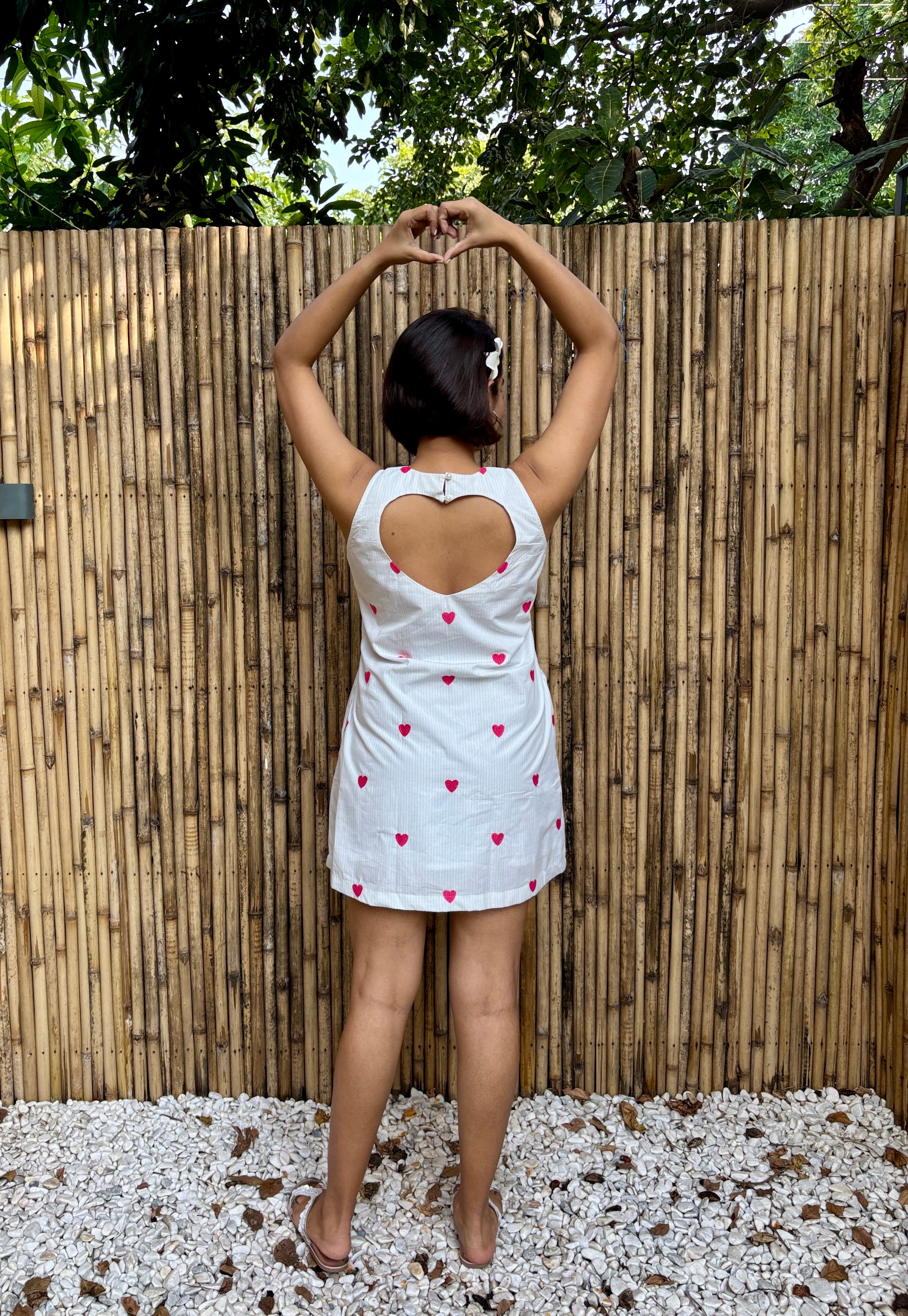 White Heart Print Cut Out Cotton Mini Dress